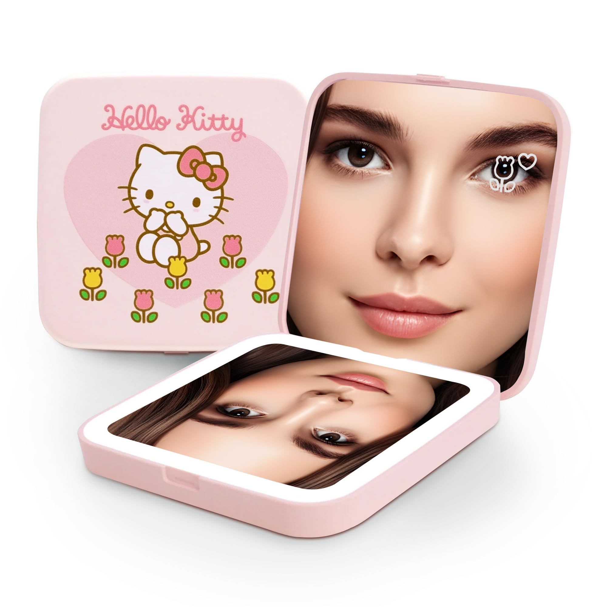 Impressions Vanity - Espejo compacto LED con diseño floral de Hello Kitty con diseño de obras de arte y espejo de bolso de doble aumento, espejo de maquillaje con sensor suave al tacto, diseño