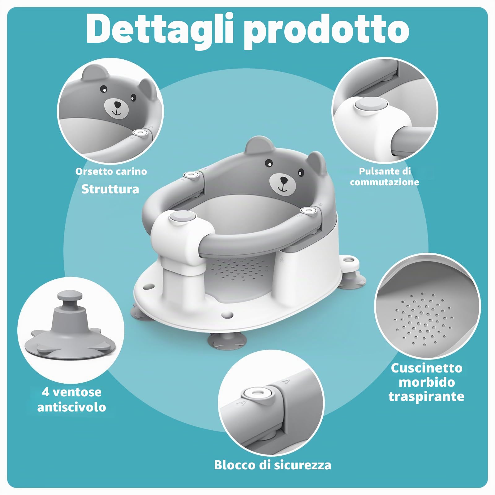 Highbird Seggiolino da Bagno per Bebè da 6 Mesi, Antiscivolo con 4 Ventose Potenti e Cuscino Rimovibile, Ideale per Bambini 6-18 Mesi per Doccia o Vasca, Portatile, Facile da Pulire - Grigio