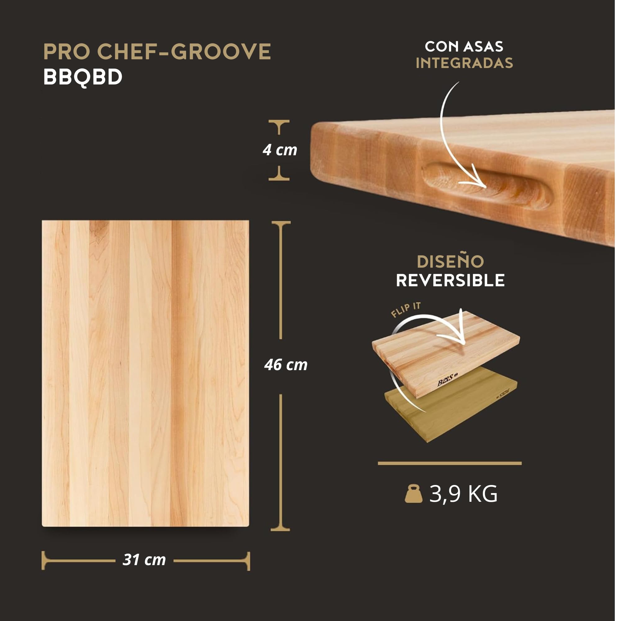 Boos Block Pro Chef-Groove - Tabla Cortar Cocina Profesional – Ranura Para Jugo - Reversible – Tabla Madera Cocina Grande - 46 x 31 x 4 cm