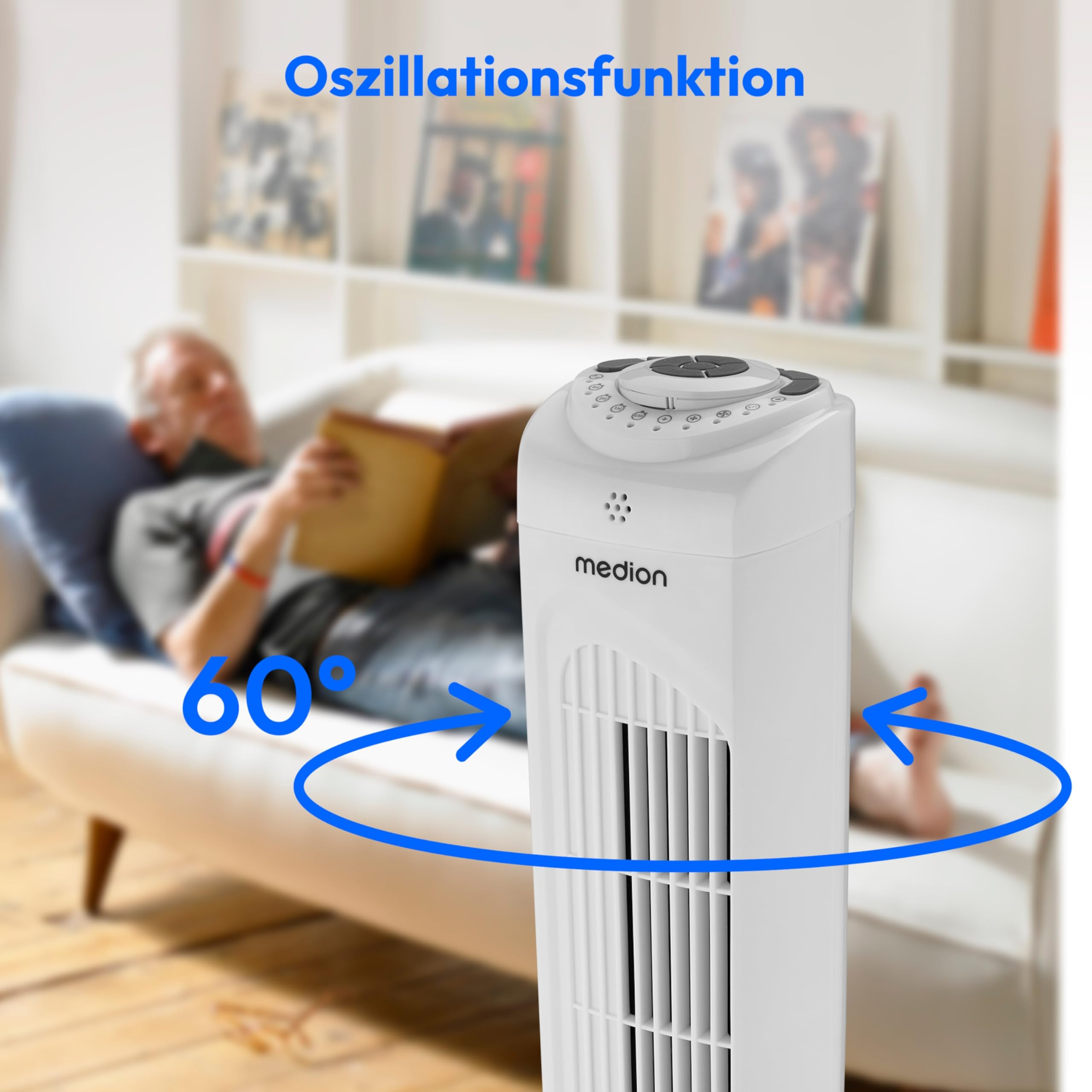 MEDION E11 TF Turmventilator mit Fernbedienung 45 Watt 3 Geschwindigkeitsstufen leiser Schlafmodus 60° horizontale Oszillation Timer weiß