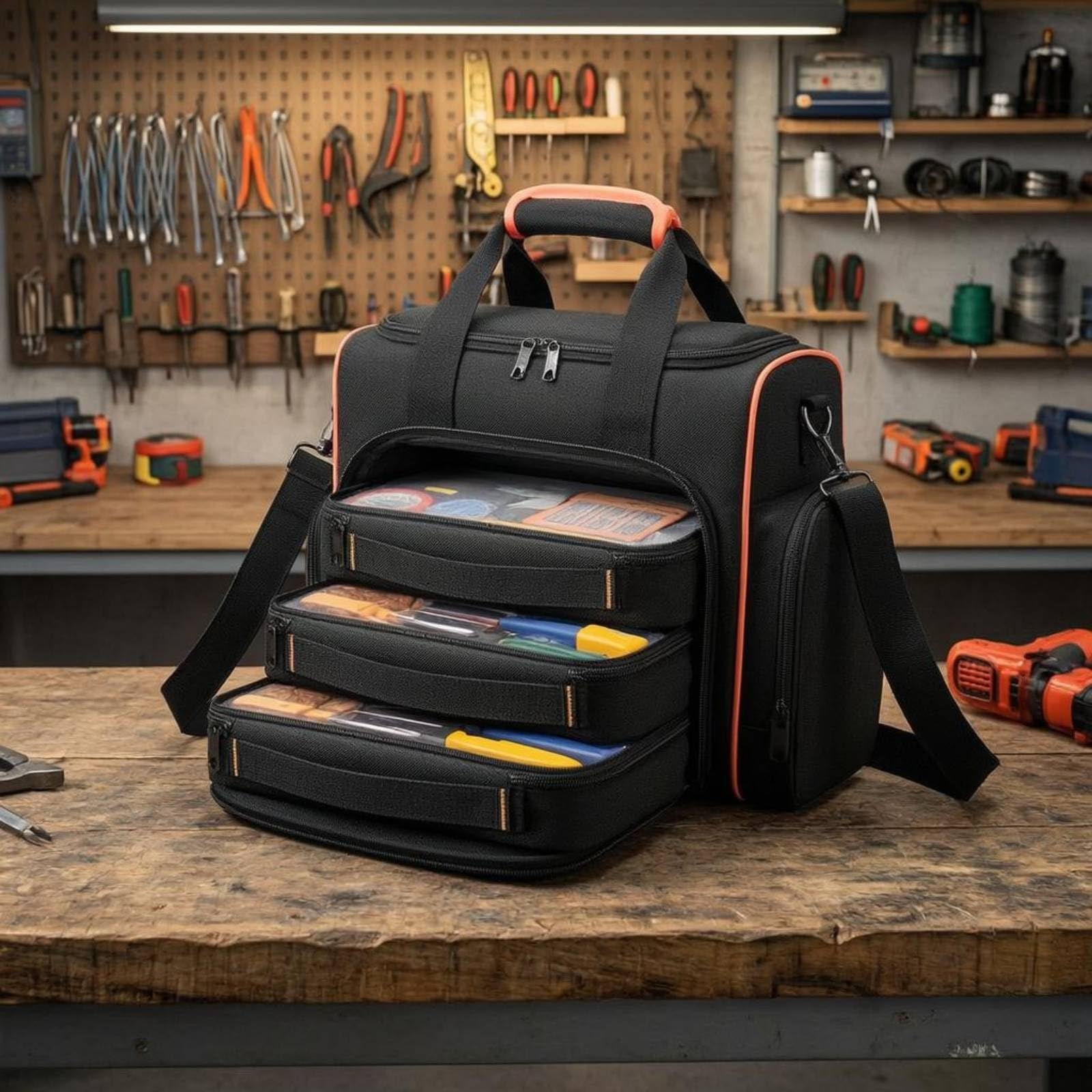 Bolsa Herramientas Electricista Ribete Naranja Bolso Portátil Negro para Electricistas