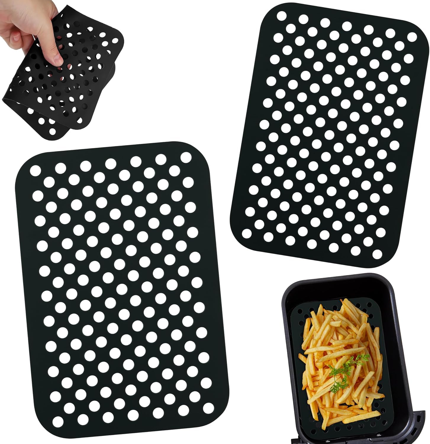 20cm Rectangle Air Fryer Mats, 2 Pack Silicone Liners, Non-Stick, Dishwasher Safe & Reusable, Perforated Food-Grade Silicone for Air Fryer Basket, Easy Clean