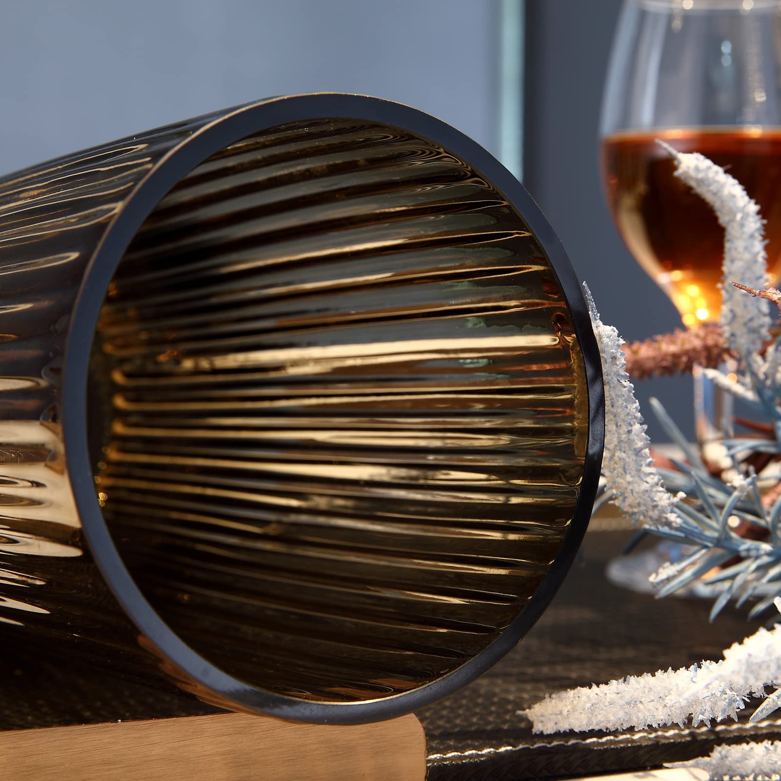 Dinyeo Large Cylinder Ribbed Brown Glass Flower Vase for Farmhouse Dining Table Centerpieces Decor, 9.8" - Image 4