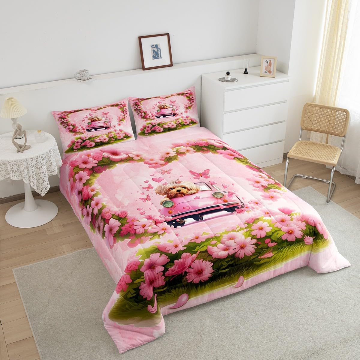 Manfei Cute Puppy Kids Comforter Set Twin Size,Floral Car Love Heart Dreamy Bedding Set,Girls Women Room Decor,Cartoon Dog Animal Pet Rustic Down Comforter,Pink Green Duvet Insert,1 Pillowcase