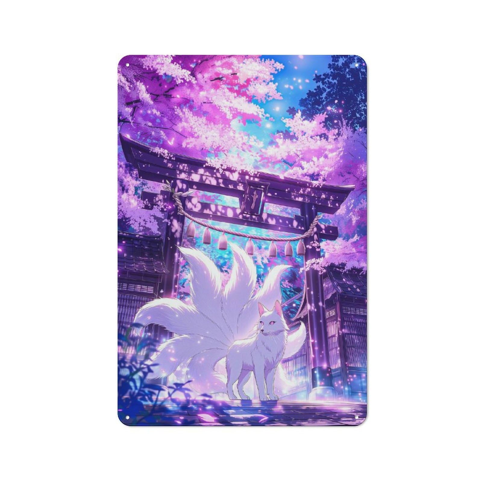 Junmoney Style-1 Tin Wall Plaque 30X20cm With Kitsune Under Cherry Blossoms For Hallway Wall, Suited To Hallway Decor Lovers, For Retro Home Interiors