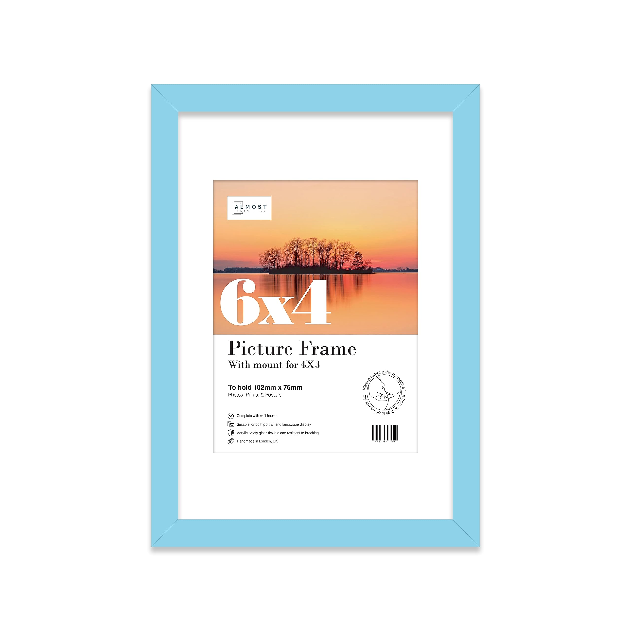 Almost Frameless 6x4 Light Blue Picture Frame With Mount for 4x3 Print, Poster or Photo Poster, Photo, Artwork, or Print. Thin Edge Slim Frame Portrait and Landscape Display with Wall Hooks