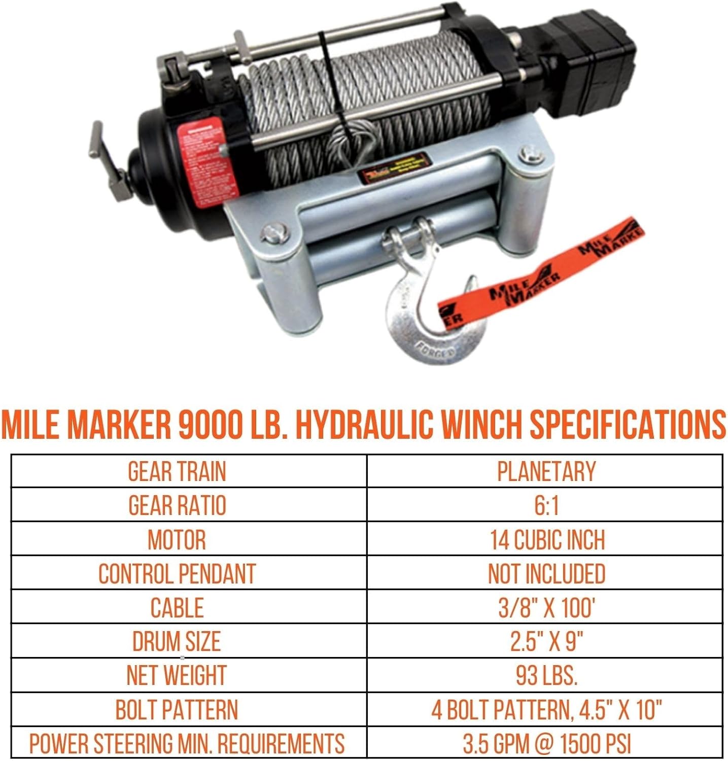 Table of Mile Marker 9000 lb. Hydraulic Winch specifications