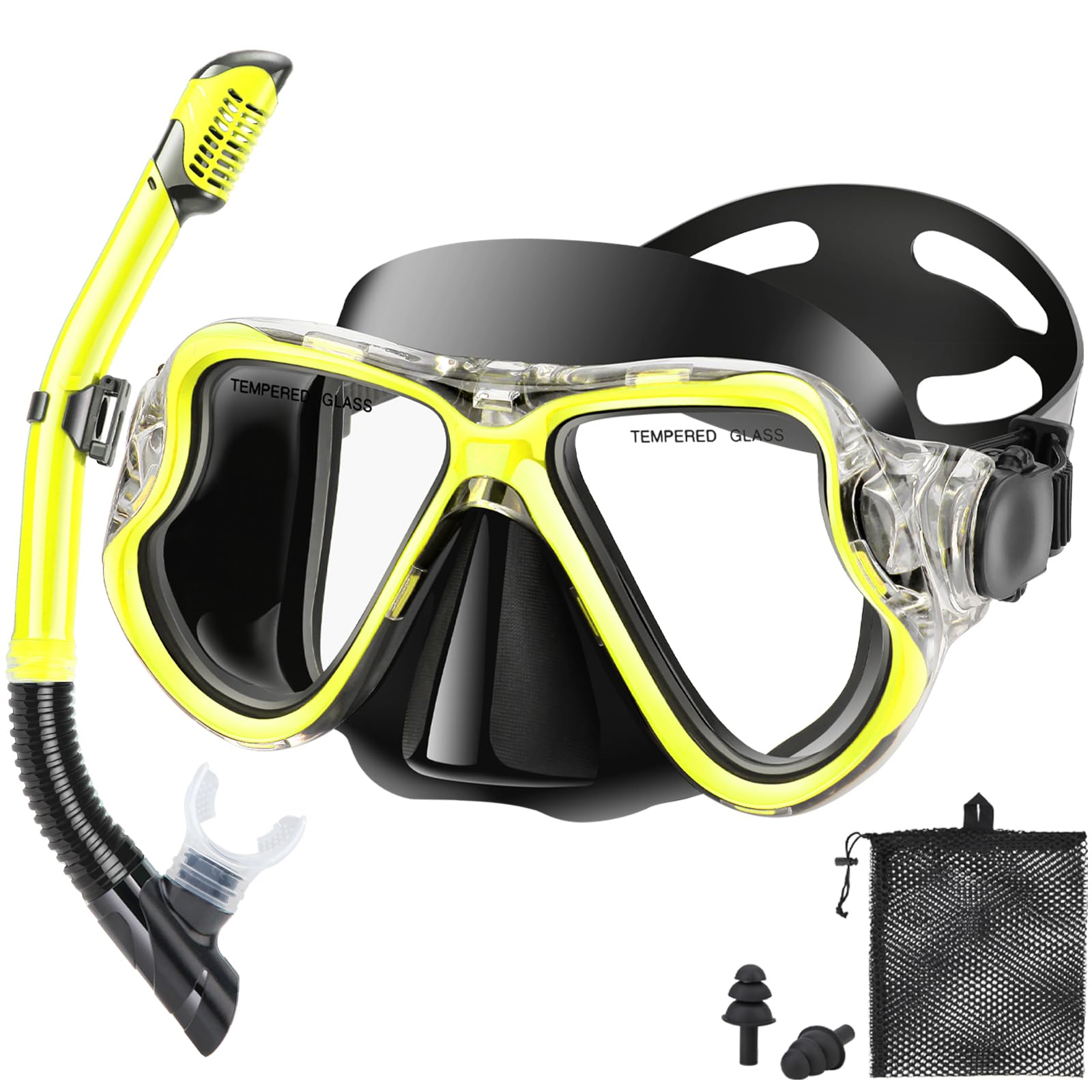 PIYAZI Snorkeling Gear for Adults, Dry Snorkeling Set, Panoramic Anti-Leak and Anti-Fog Tempered Glass Lens, Adjustable Strap Snorkel Set with Mesh Bag Ear Plug for Snorkeling Scuba Diving Travel