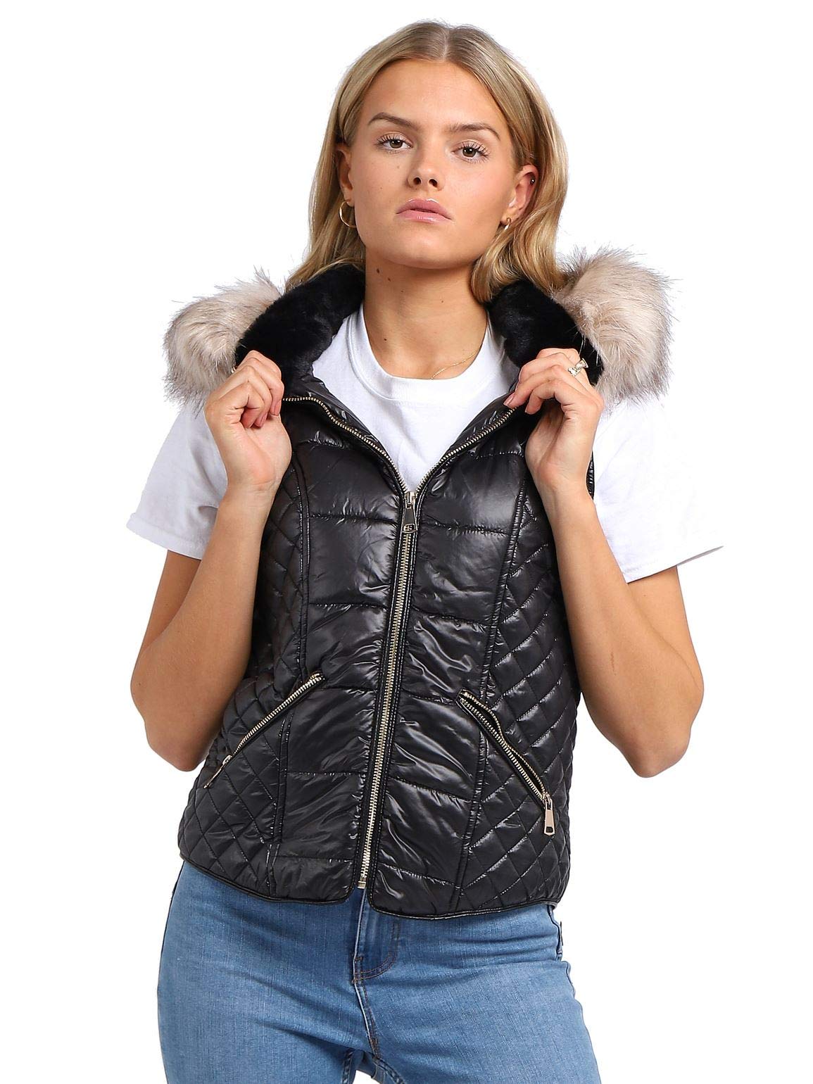 SS7 Womens Faux Fur Gilet Bodywarmer Jacket Black