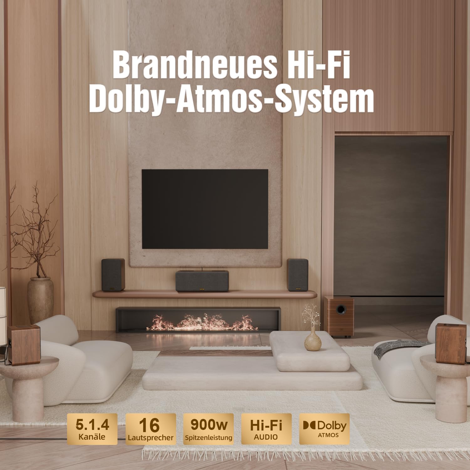 Flaggschiff echtem 5.1.4 HiFi Soundbar für TV Geräte mit Dolby Atmos | 900W Heimkino Surround Sound System, Center-Lautsprecher mit 4 Surround-Lautsprechern, 25-Hz-Subwoofer, HiFi-Frequenzweiche