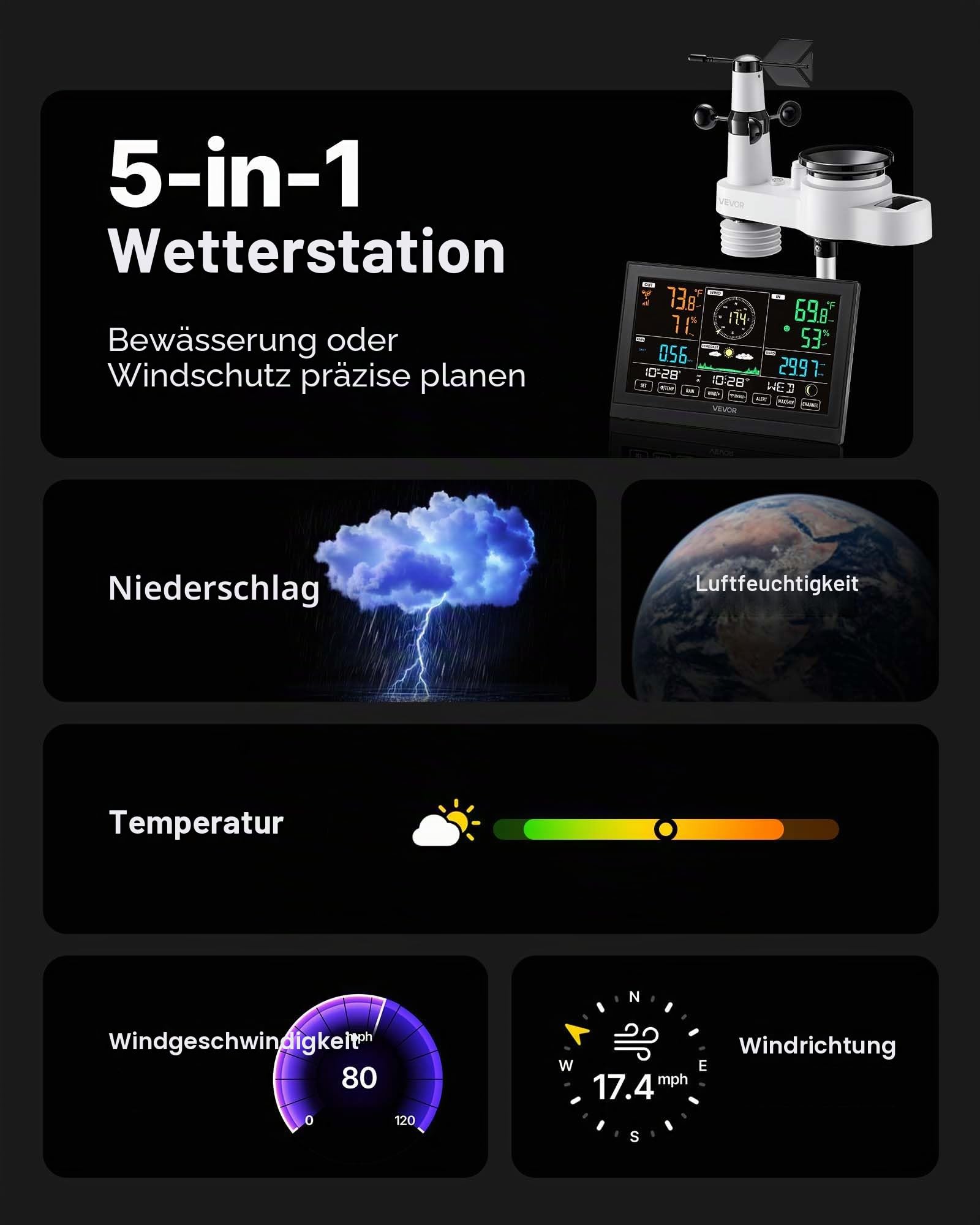 VEVOR 5-in-1-WLAN-Wetterstation, 7,5-Zoll-VA-Display, solarbetriebener Außensensor, Wettercenter zur Wettervorhersage, Windgeschwindigkeit, Windrichtung, Temperatur, Luftfeuchtigkeit, Niederschlag
