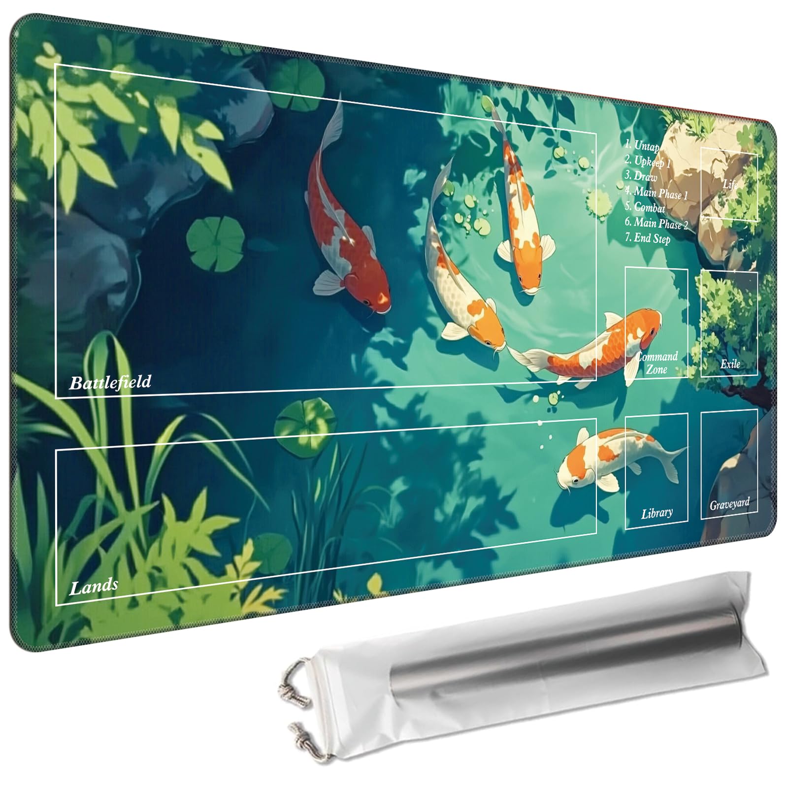 Cdkfxjy MTG Playmat with Magic Zone 27.5 x 15.7in Includes Storage Bag,TCG Playmat with Soft Surface Premium Non-Slip Rubber Backing Stitched Edges Durable Gaming Mat,Swimming Koi Fishes Pond