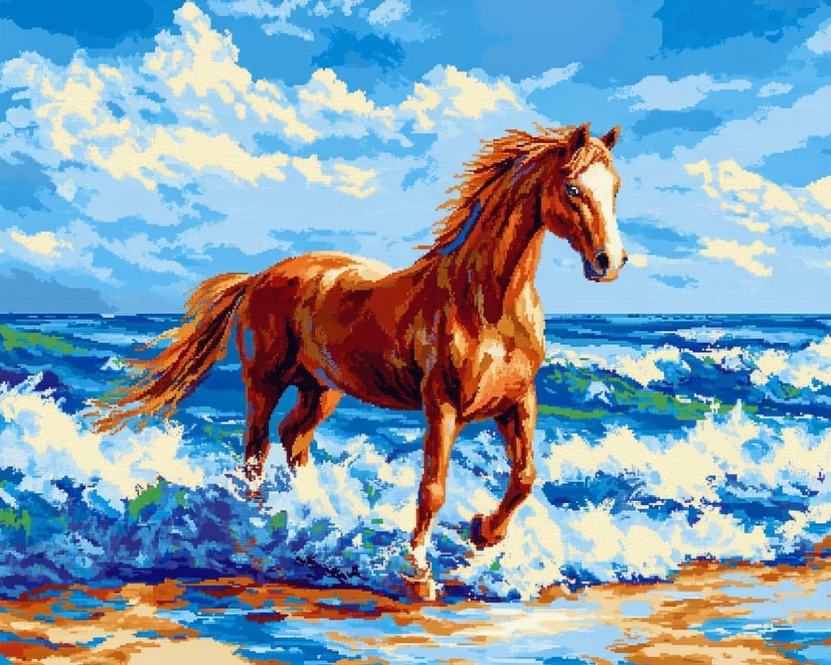 AxiangziK Stamped Cross Stitch Kits for Adults,Horses on the Beach Beginners DIY Gift Embroidery Needlework Crafts Home Decor 12x16 inch Easy (11CT Pre-Printed)
