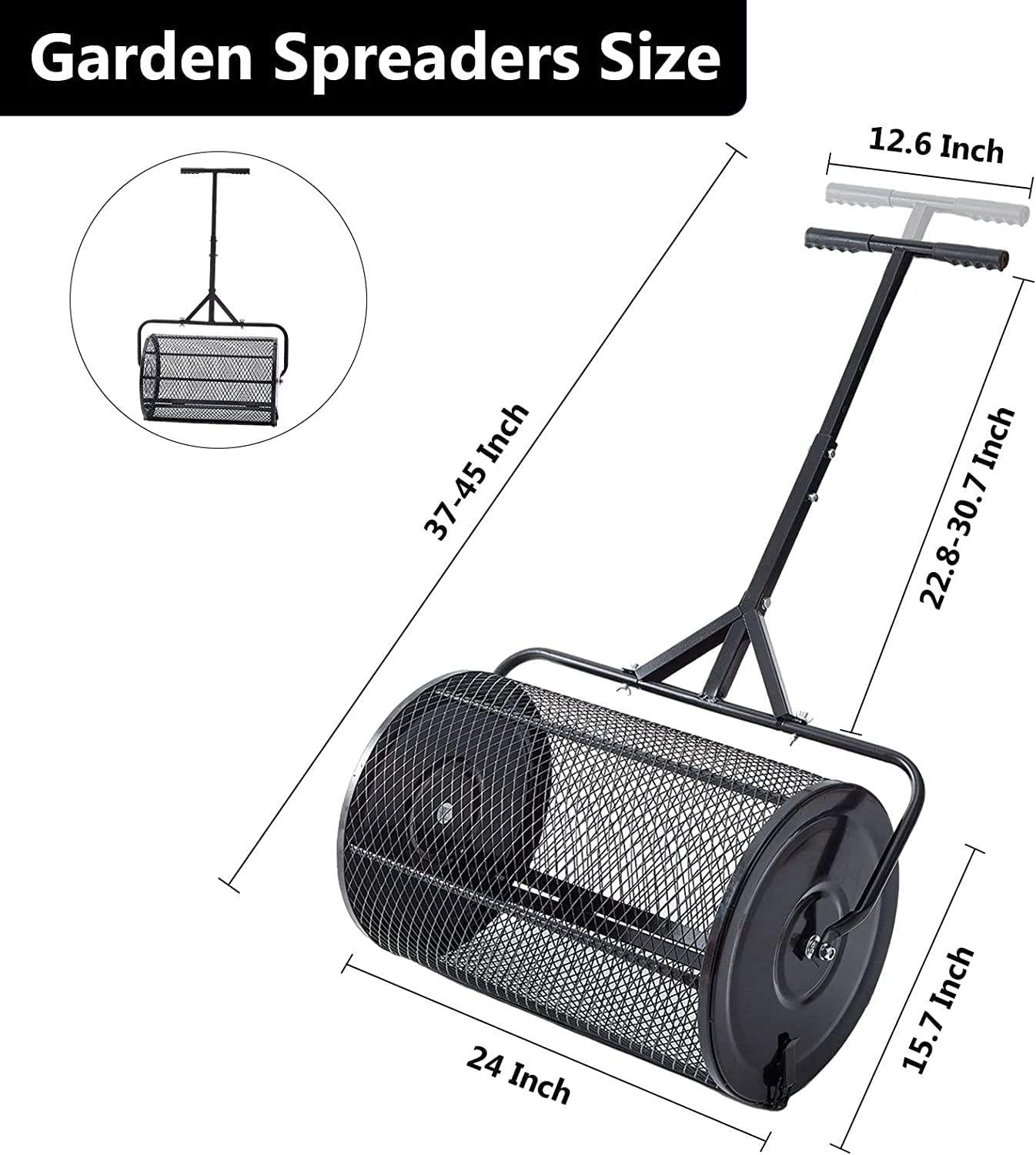 Esparcidores de jardín, esparcidor de rodillo de malla metálica resistente de 24 pulgadas, abono, turba, tierra vegetal, mantillo para jardín, esparcidor de abono con canasta de malla metálica, pos