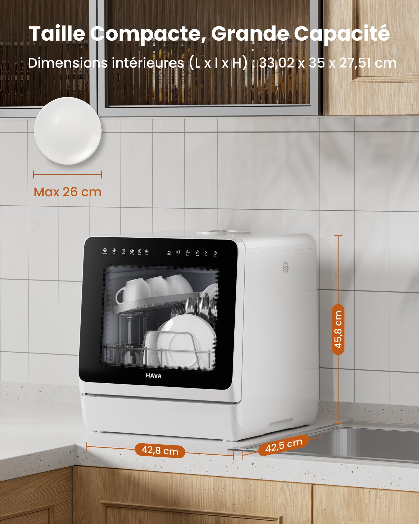 HAVA Lave-vaisselle de comptoir 2025 avec adoucisseur d'eau, 8 programmes, verrouillage enfant, démarrage différé