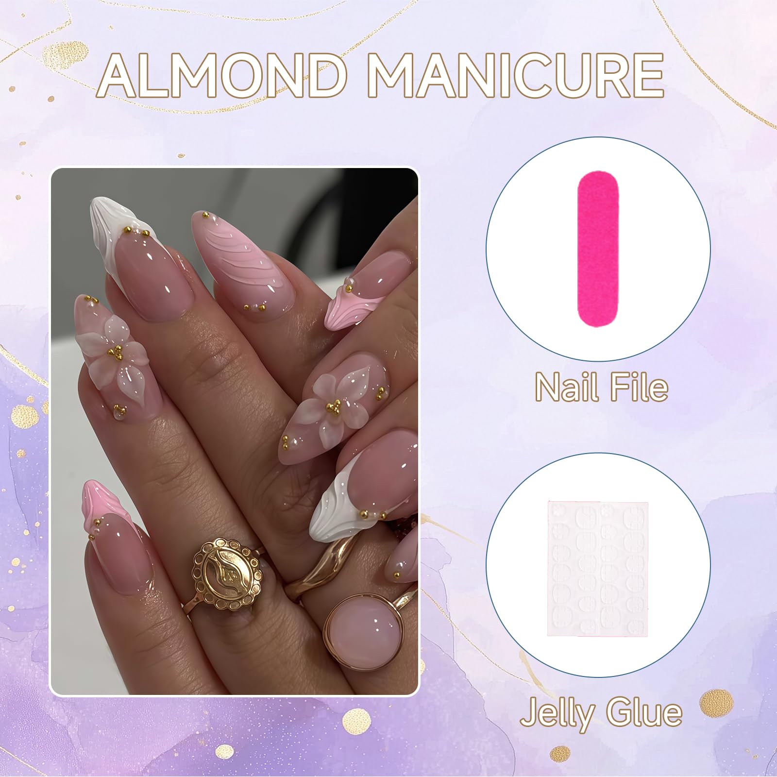 24 pièces ongles pressés moyen amande French tip rose perles dorées paillettes fleurs 3D gel faux ongles réutilisables set manucure