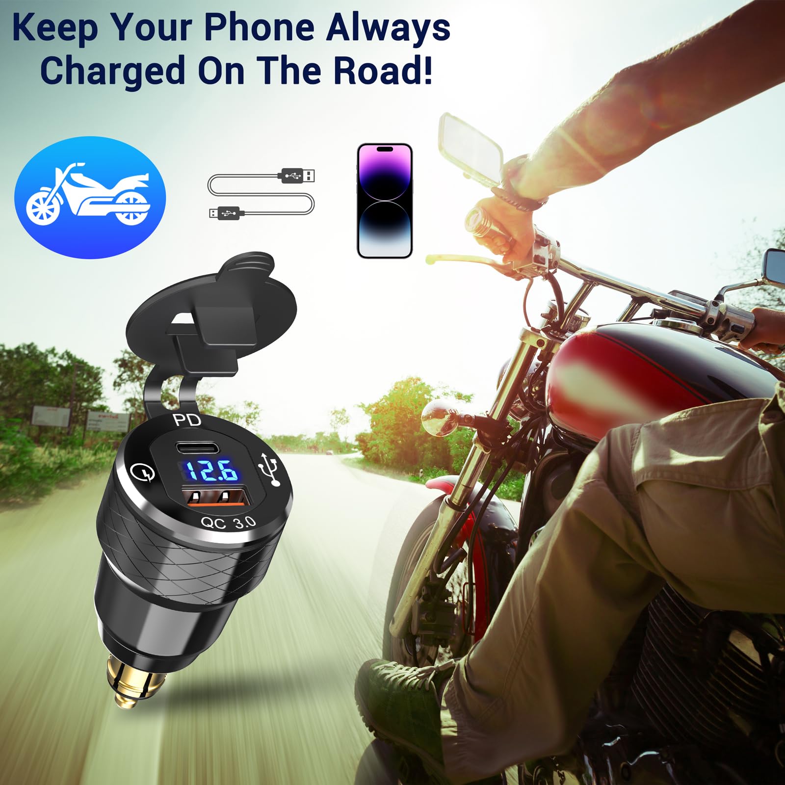 Qidoe Adaptateur Prise DIN vers USB Chargeur de Moto, Métal Double USB PD 30W et QC 18W DIN Socket avec Affichage Tension pour Moto BMW, Ducati, Triumph, Charge Rapide 12V - 24V