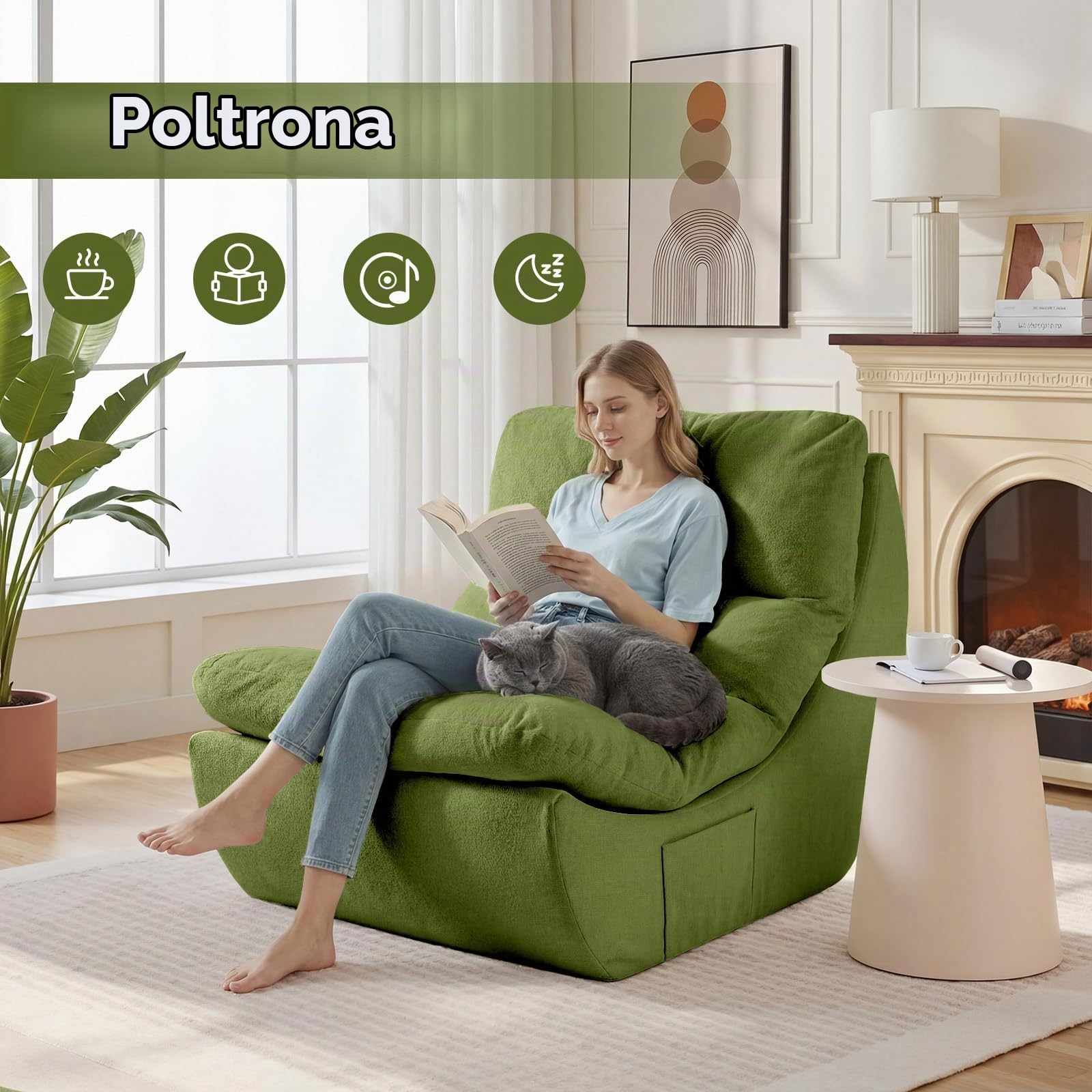 Pouf a sacco senza ossa, sedia da lettura, bean bag, memory foam, divano a 1 posto, divano lazy per leggere, soggiorno e camera da letto, nessun montaggio necessario, verde