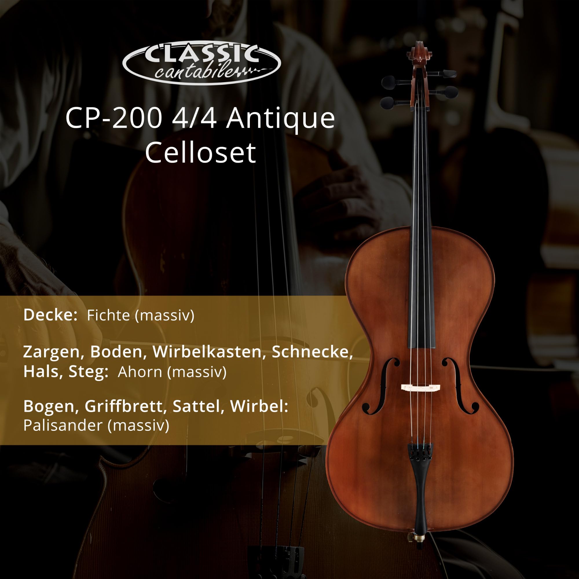 Classic Cantabile CP-200 4/4 Antique Cello Set - vollmassiver Fichten- und Ahornkorpus, Palisandergriffbrett, Feinstimmer & gepolsterte Tasche - Ideal für Anfänger & Fortgeschrittene