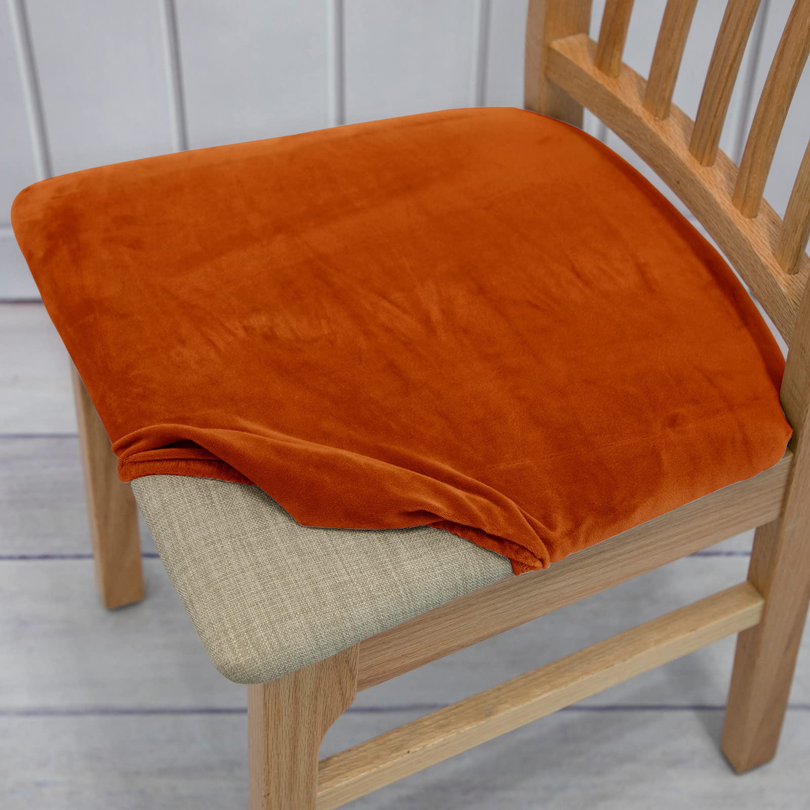 FANSU Dining Chair Seat Covers with Ties, Velvet Flannel Chair Seat Covers Set of 1 2 4 6, Elastic Stretch Chair Seat Slipcovers Non Slip Protector Cover for Kitchen (Orange,4 Pieces)