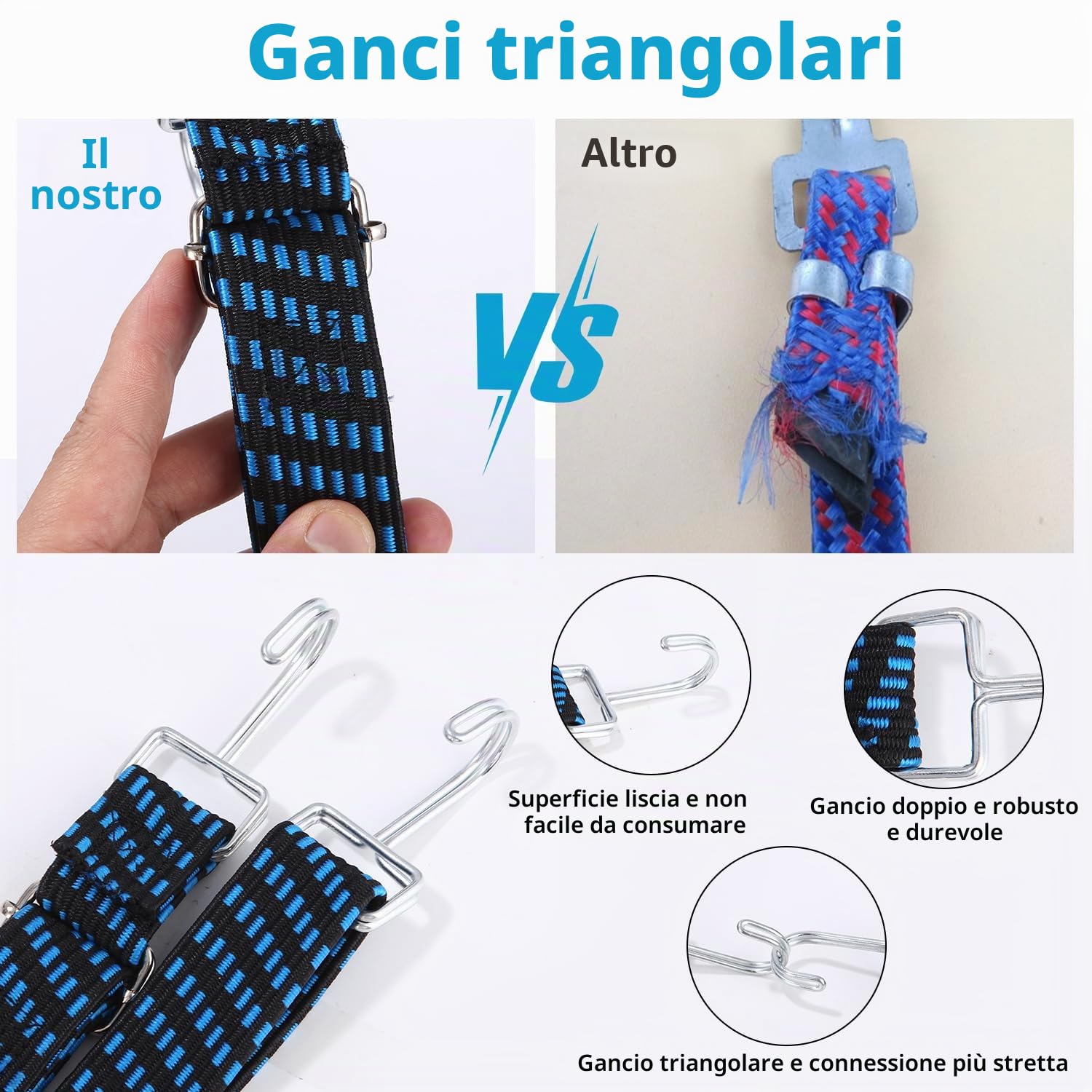Elastico con Gancio 8 Pezzi, 2M Cinghie Elastiche portapacchi, 2,5 volte l'elasticità, Corde Elastiche Regolabile per bicicletta e moto, per il fissaggio del carico, larghezza 30mm