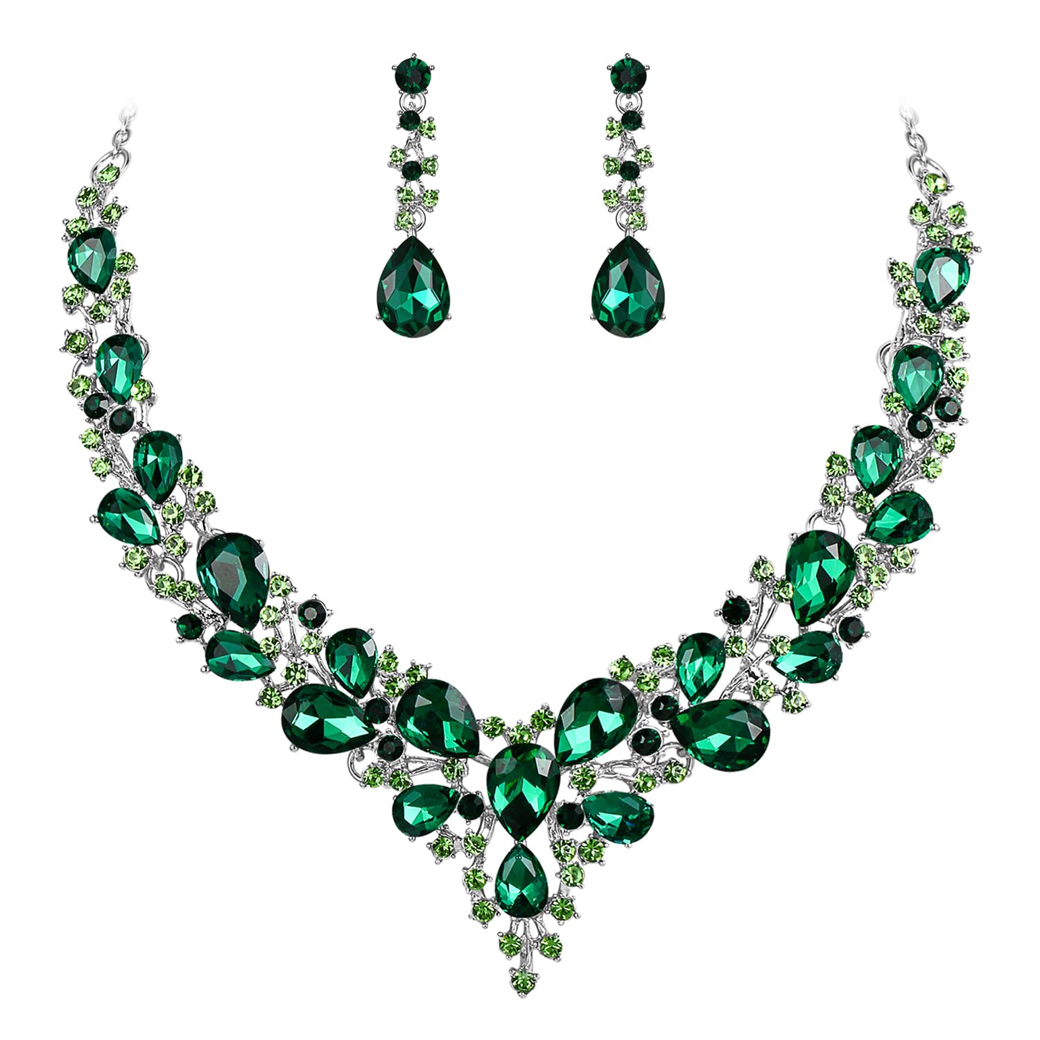BriLove Women's Wedding Bridal Austrian Crystal Teardrop Cluster Statement Necklace Dangle Earrings Jewelry Set