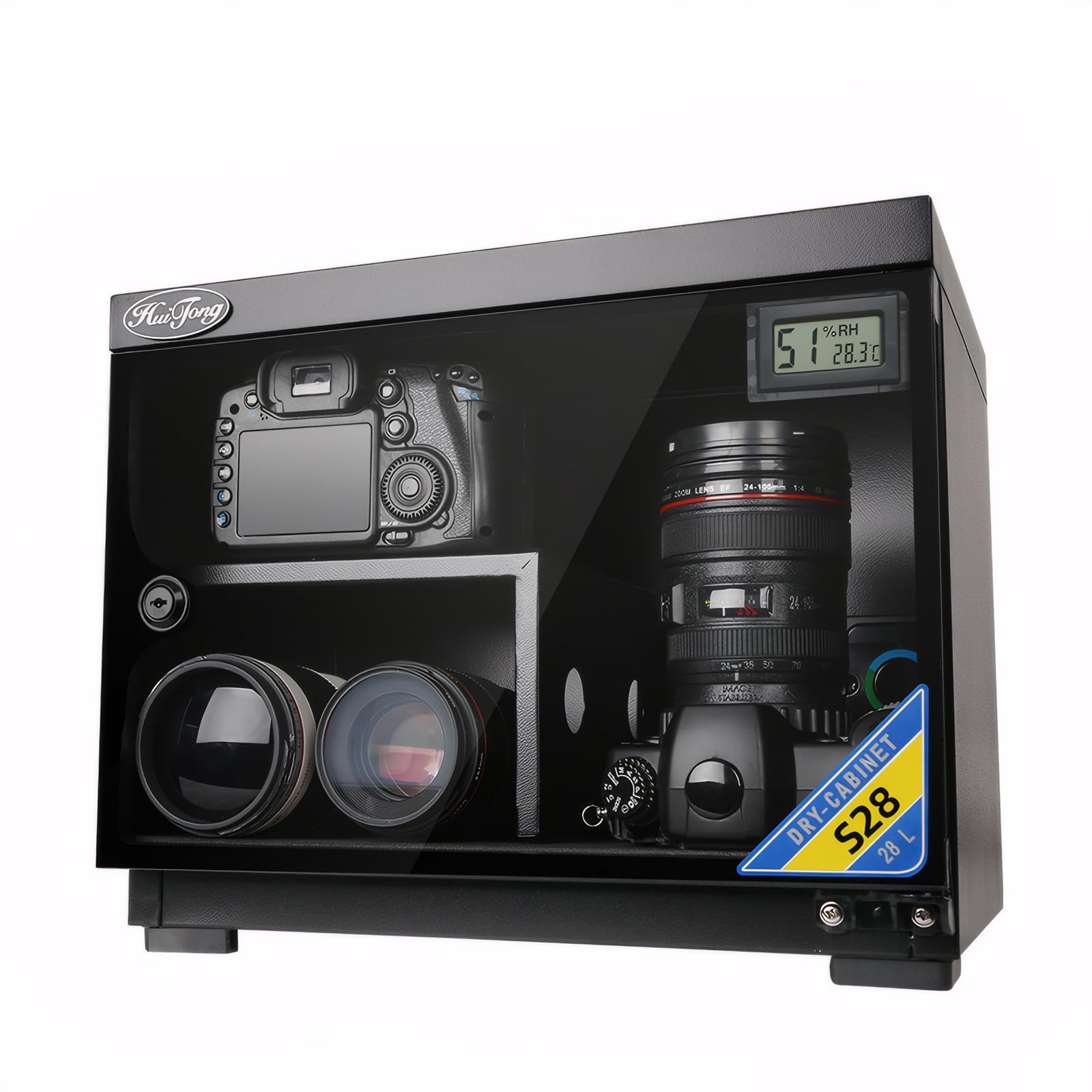 Armoire sèche pour appareil photo - Étanche à l'humidité - Avec lumières LED - Pour ranger des appareils électroniques, des objectifs d'appareil photo, des timbres et du thé (28 l)