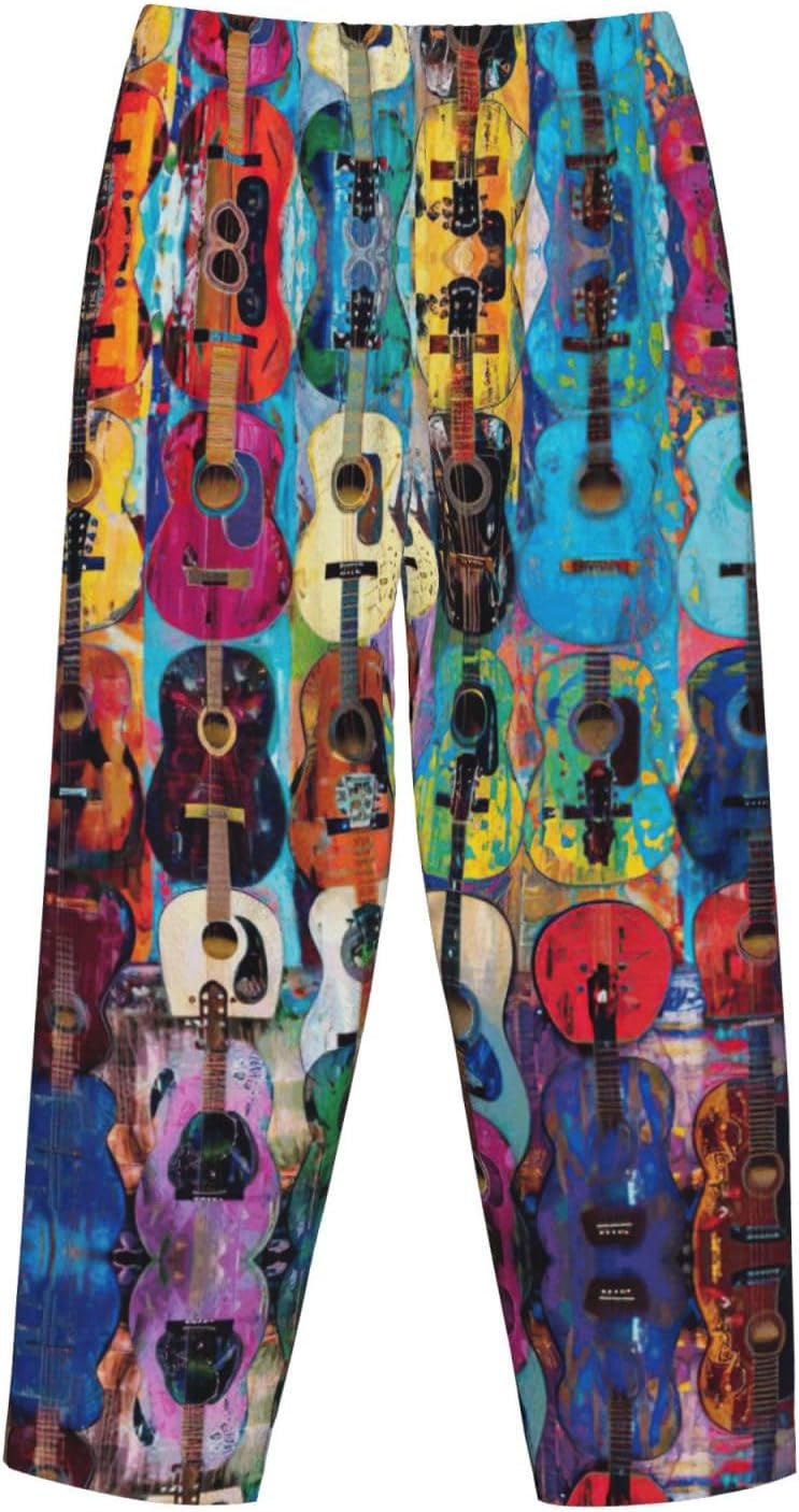 Color Acoustic And Guitars Print Cozy Flannel Pajama Pants For Women,Warm Christmas Pj Pants,Cute Fleece Pajamas