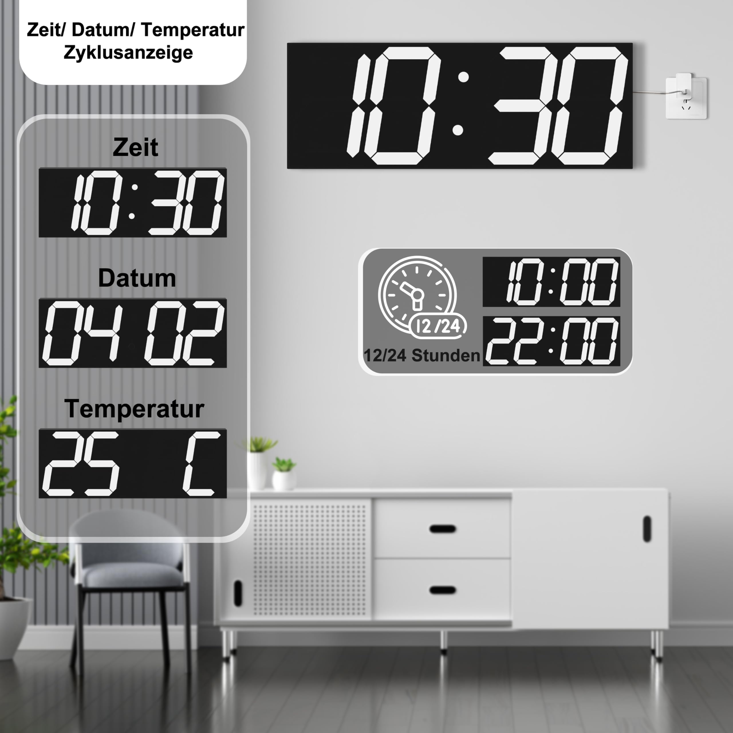 Automatische digitale Wanduhr, 47 cm, LED-Digitaluhr mit großem Display, multifunktionale Wanduhr mit Alarm und Timer, automatische Zeitsynchronisation, Uhr mit einstellbarer Helligkeit (weiß)