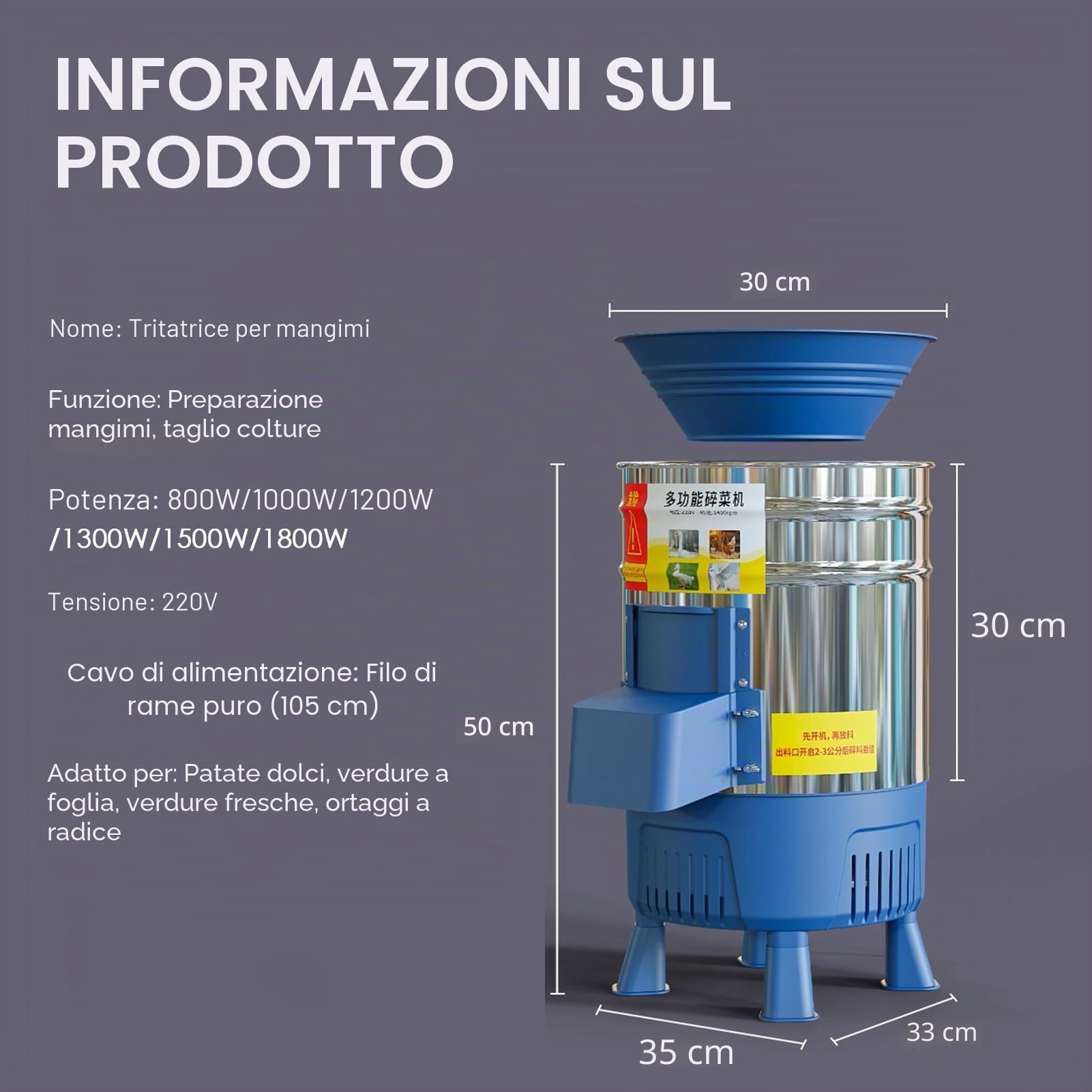 Macinatore Per Mangimi Animali, Mulino Elettrico Commerciale Per Cereali Con Secchio In Acciaio Inox Da 25L, Macinazione Ad Alta Efficienza, Per Triturare Erba Paglia Patate Verdure Frutta(2200W)