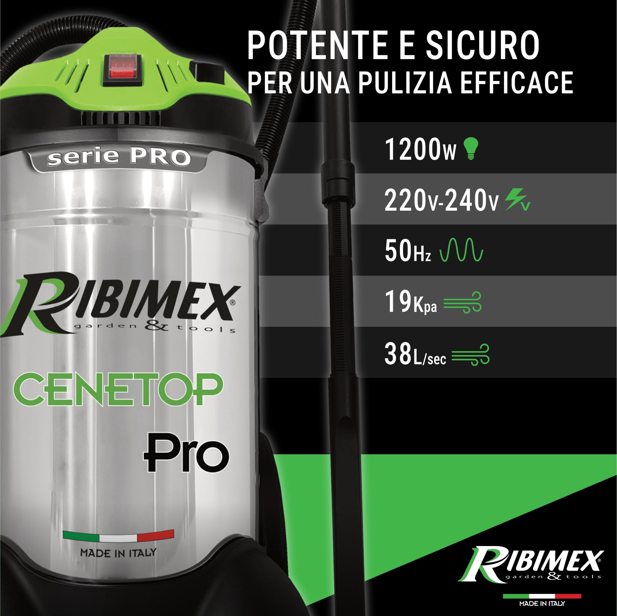 Ribimex Aspiracenere Elettrico Professionale Cenetop PRO, Pulizia Automatica del Filtro HEPA, Bidone da 30 L, Potenza 1200 W, per Pulizia Intensiva di Stufe e Camini, Funzione Soffiante - PRCEN014PRO