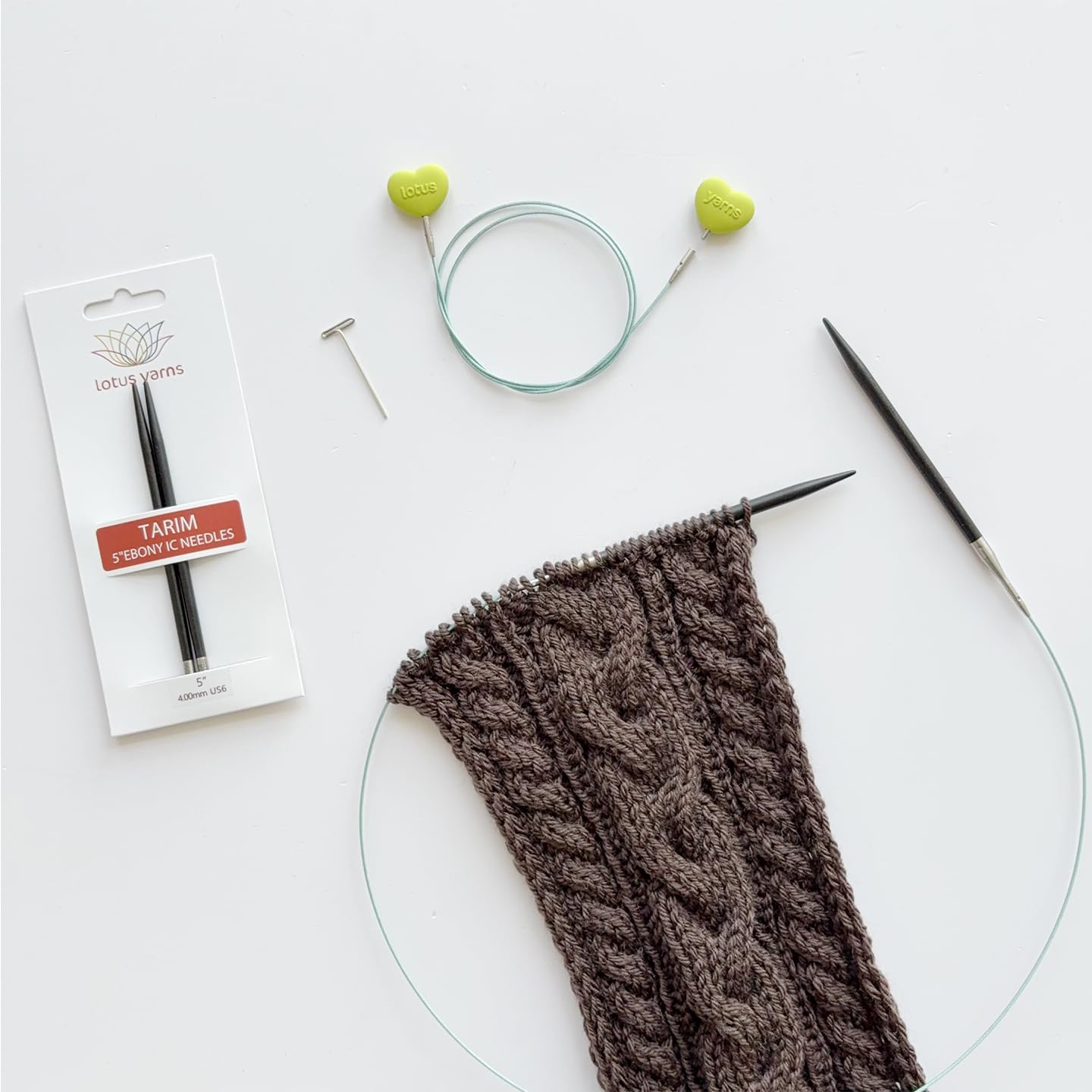 Lotus Yarns Tarim kurze austauschbare Rundstricknadel-Set, 10 Paar 8,5 cm (2,75–6,00 mm) Ebenholzspitzen mit 4 Drehschnüre, Zubehör in einem Echtlederetui