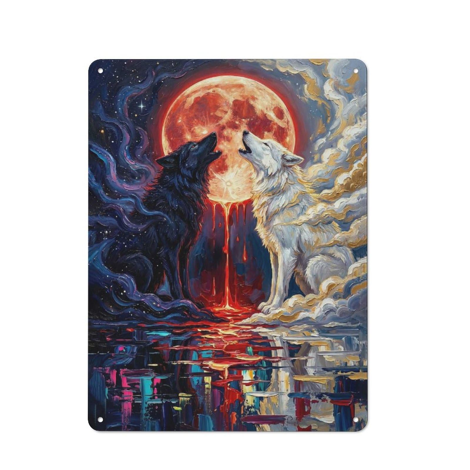 Junmoney Style-21 Wolves Howling At The Blood Moon Rustic Metal Wall Sign 40X30cm For Bar Or Restaurant, A Decorative Metal Sign For Bars And Restaurants