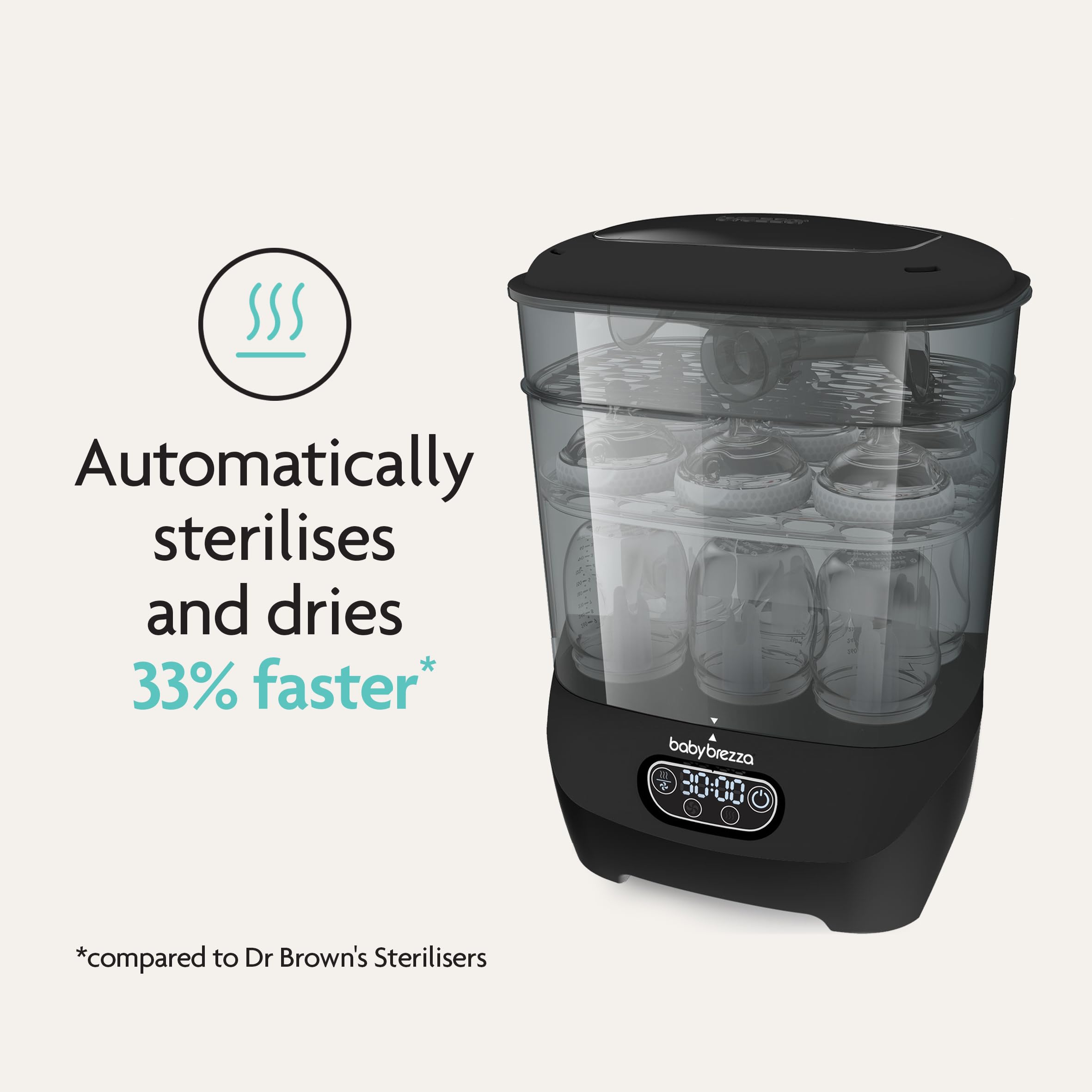 Baby Brezza Steriliser & Dryer Advanced – Electric Steam Steriliser for All Bottles, Dummies & Pump Parts – HEPA Filter – Fits Plastic & Glass – Black — view 2