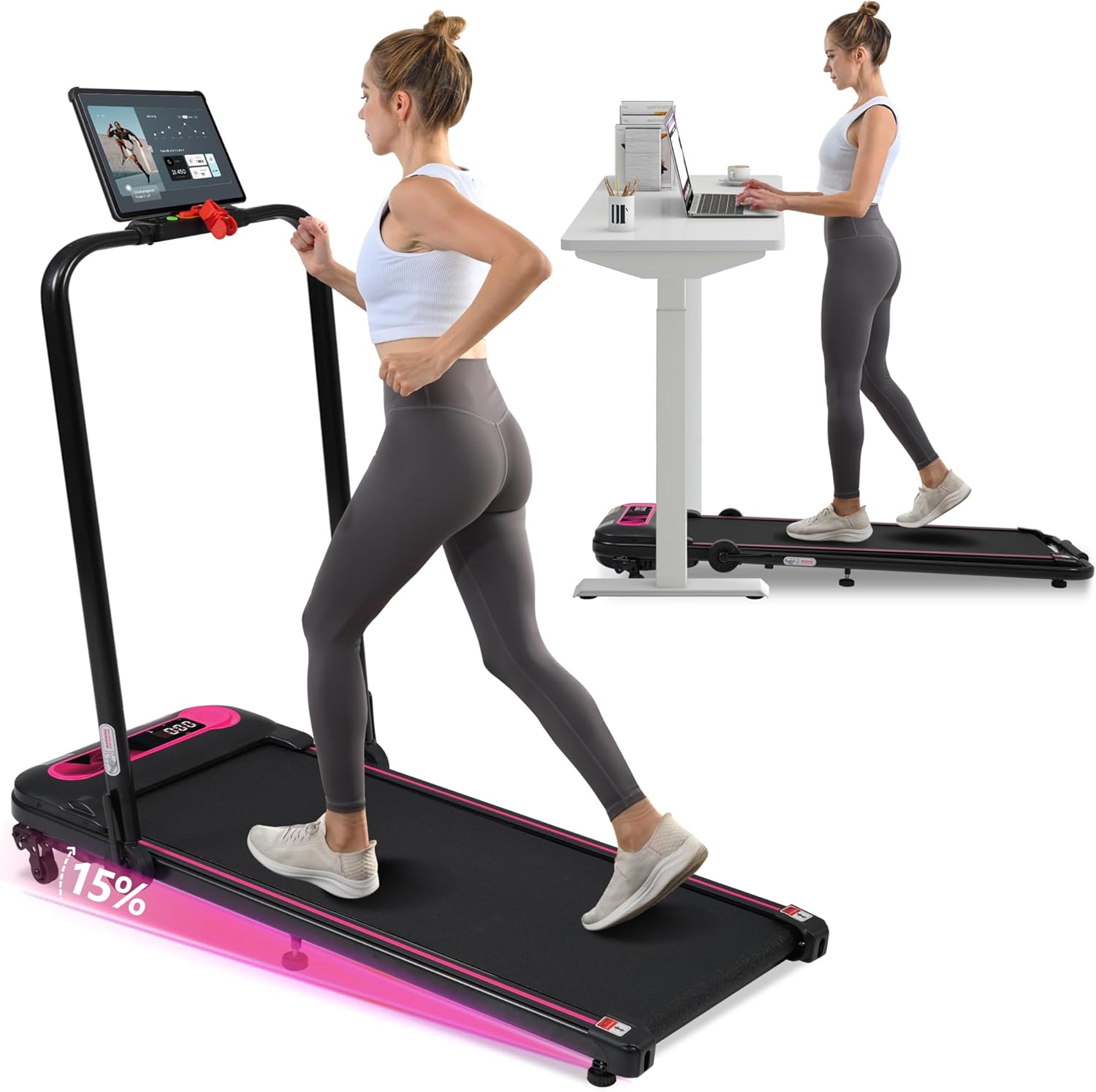 Merax Walking Pad with Handle Bar, Folding Electric Treadmills for Home Small, 3.0HP Walking Pad Treadmills with Incline, 3 in 1 Under Desk Treadmill with Remote Control,LED Display, 300LBS Capacity