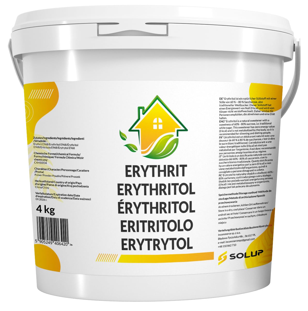 SOLUP Erythrit Zucker 4 kg Eimer | Erythritol Zuckerersatz zum Backen