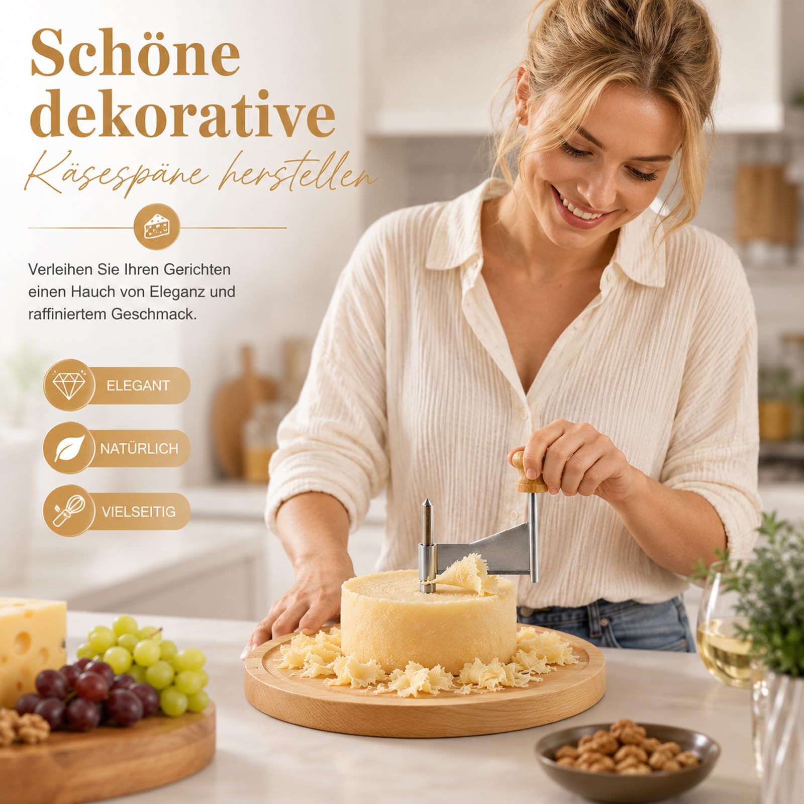 Affetta formaggio rotonda in legno per Tête de Moine, diametro 22 cm x 14,3 cm, raschietto rotante per formaggio con lama in acciaio inox, per fiori di formaggio e cioccolato, bigodini per gourmet