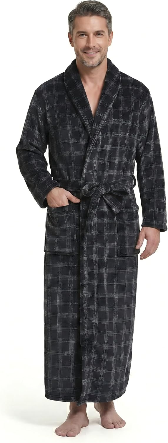 Men's Fleece Plush Bathrobe Full Length Big and Tall Shawl Collar Plaid Men Robe
