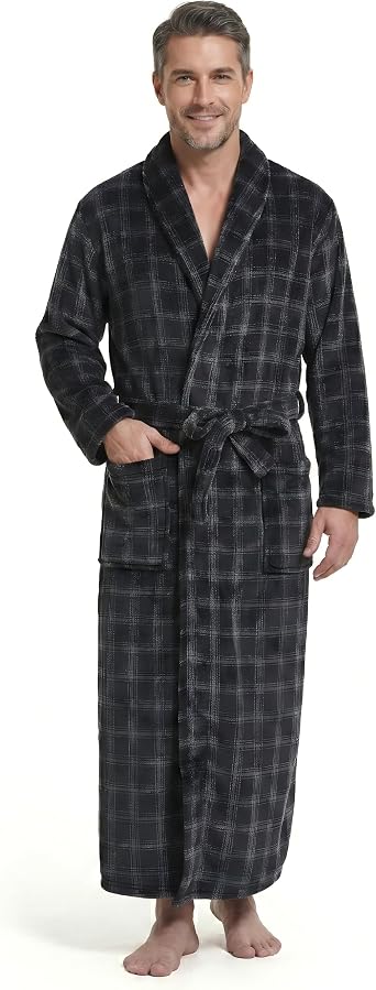 Mens Fleece Plush Bathrobe Full Length Big and Tall Shawl Collar Plaid Men Robe