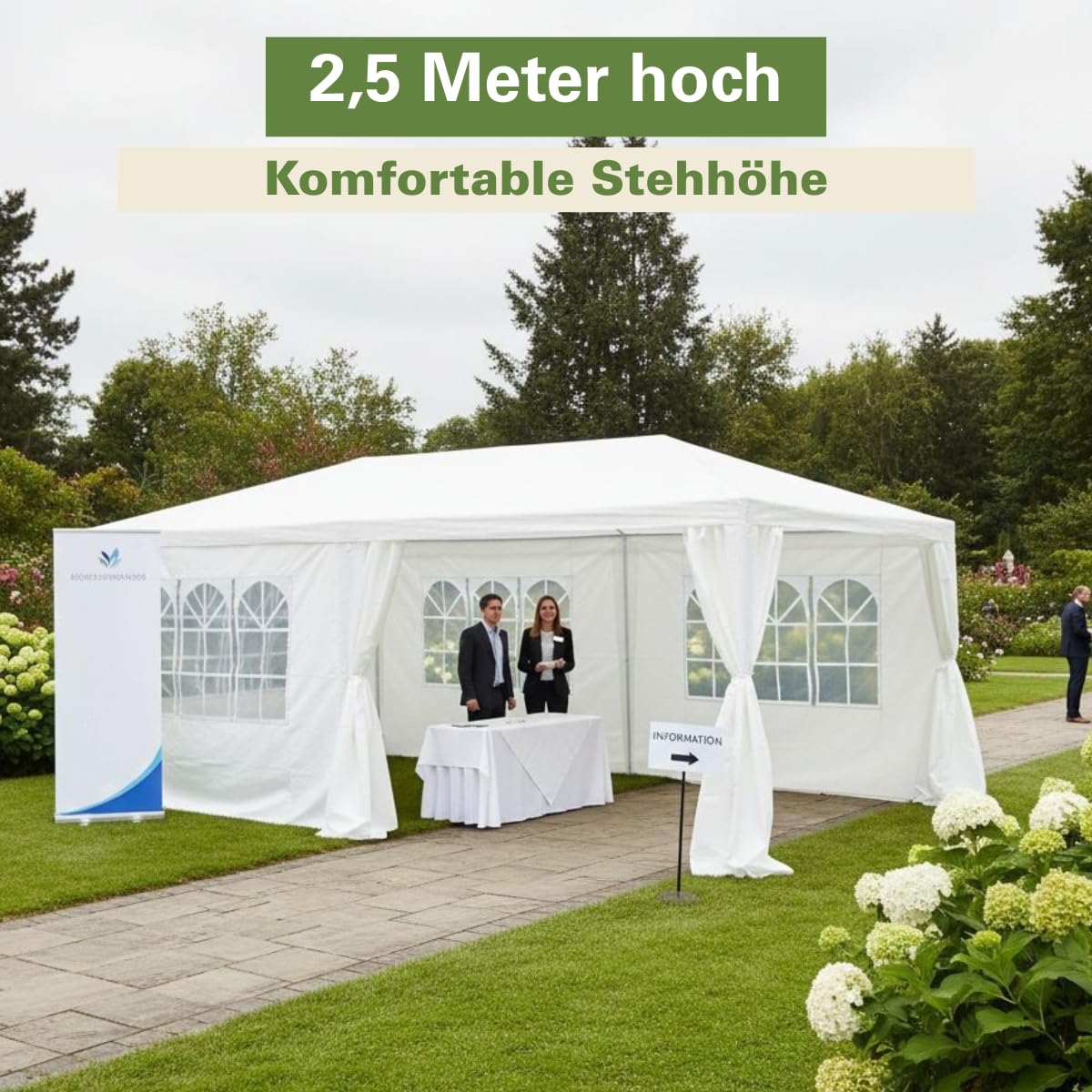 Kinzo Pavillon 3x6 m - Partyzelt für 70 Personen - Gartenpavillon mit 6 Seitenwänden und Firsthöhe 2,5 m - Party Zelt Wasserdicht und UV-beständig - Weiß