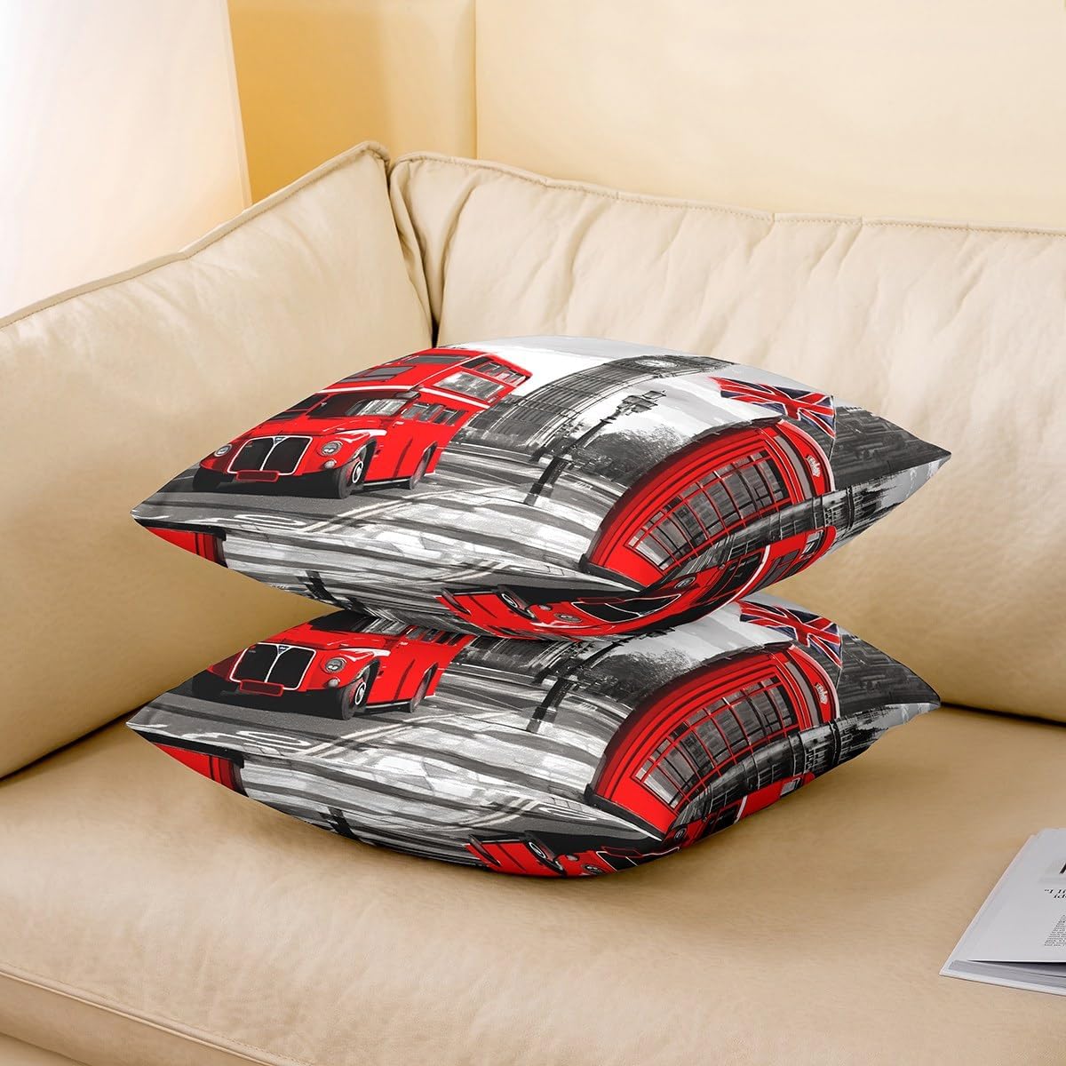 jejeloiu London Big Ben Pillow Cases Cushion Covers Retro Telephone Booth Throw Pillow Covers 16"x16" Set of 4 Soft Sightseeing Bus Modern City Throw Pillowcases for London Themed Cushion Cases image 3