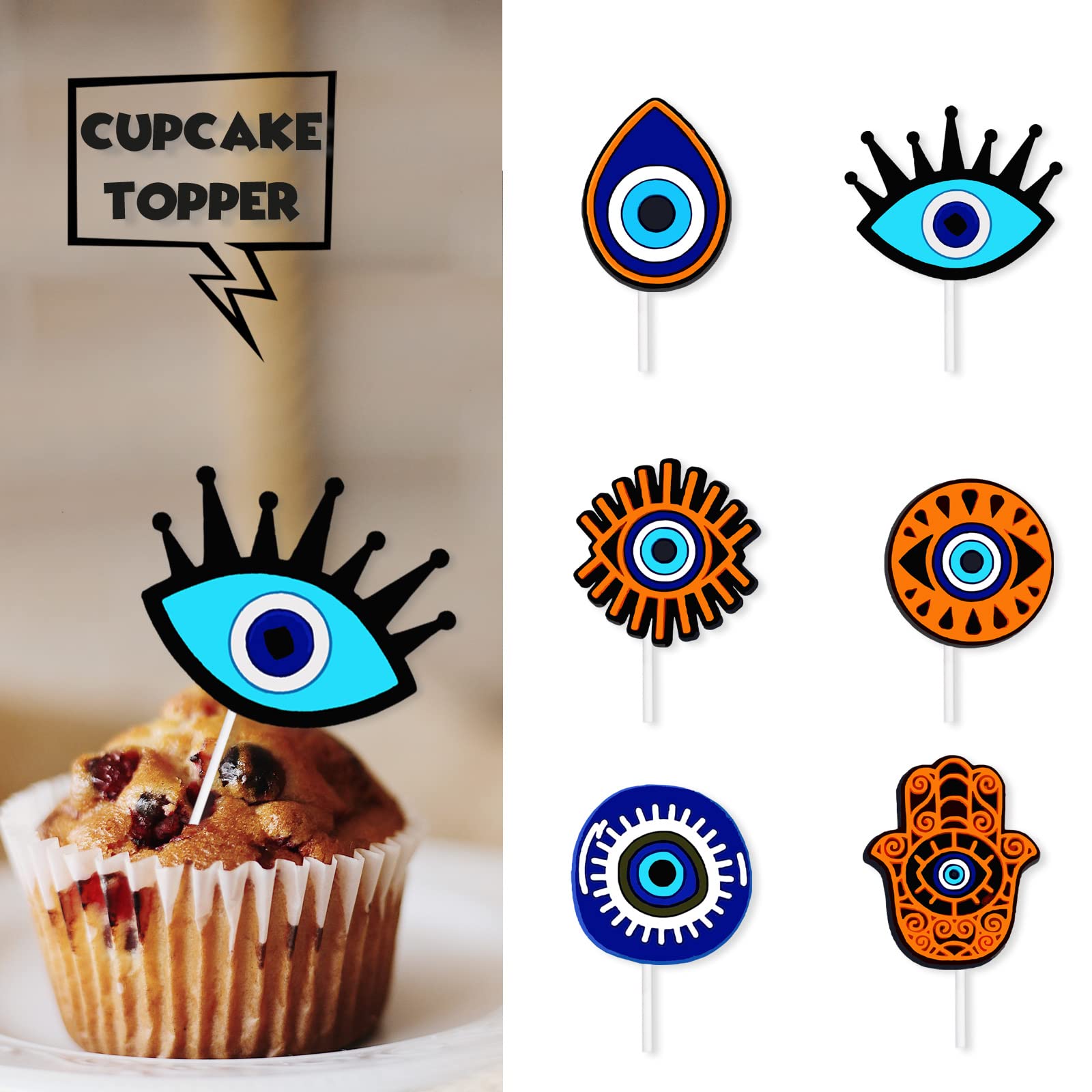 18pcs Evil Eye Cupcake Toppers - Glitter Shaker Egyptian Theme Cake Decorations For Birthday & Luck Theme Parties