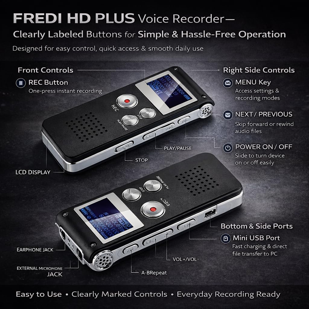 FREDI HD PLUS 8GB Digital Voice Recorder with LCD Display | 10-12 Hours Recording Time | USB Data Transfer | Noise Reduction Microphone | Portable Audio Recorder for Study, Office & Meetings 1