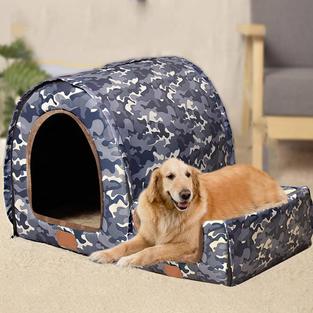 Rr tianshi Extra Large 2 In 1 Jumbo Dog House Bed,XL Dog Bed Tent Anxiety Relief Calming XXL Dog Kennel Cat Cave Igloo Winter Warm Pet Nest (XL-75 * 57 * 55cm,F)