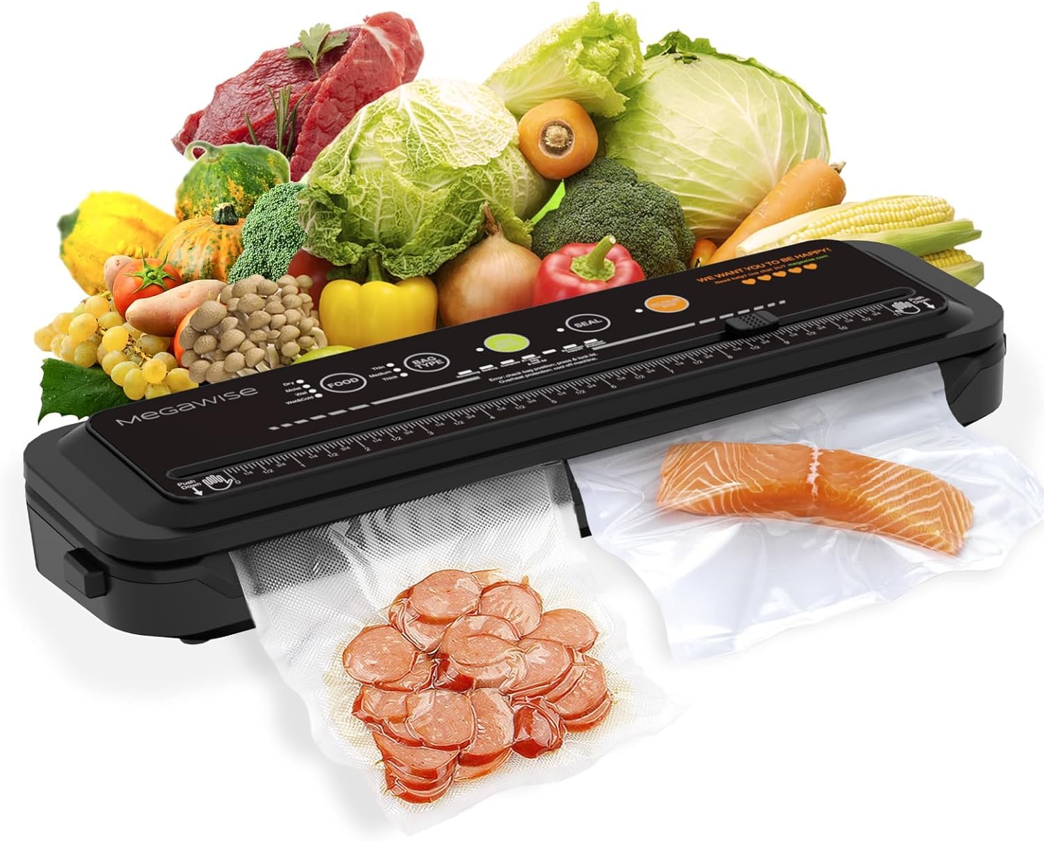 MegaWise Macchina per sottovuoto | Potenza di aspirazione 80 kPa | Sacchetti e taglierina inclusi | Sigillante automatico compatto one-touch per alimenti con sistema di aspirazione esterno | Modalità