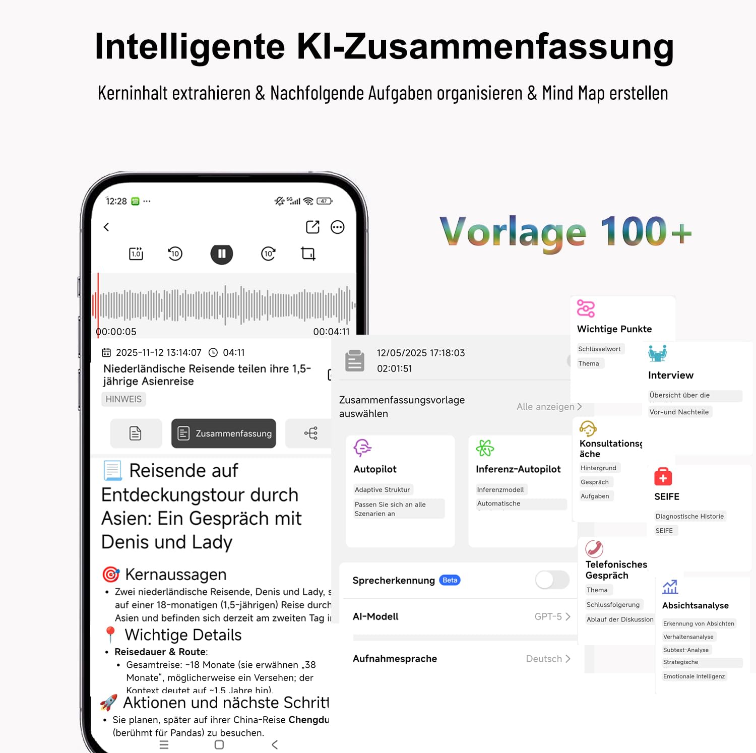 KI Digitales Diktiergerät Aufnahmegerät mit KI Transkription, Mindmap und Zusammenfassen Magnetisch Ultra-Dünn, APP-Steuerung, AI Notiznehmer with152 Sprachen Unterstützt für Vorträge Meetings