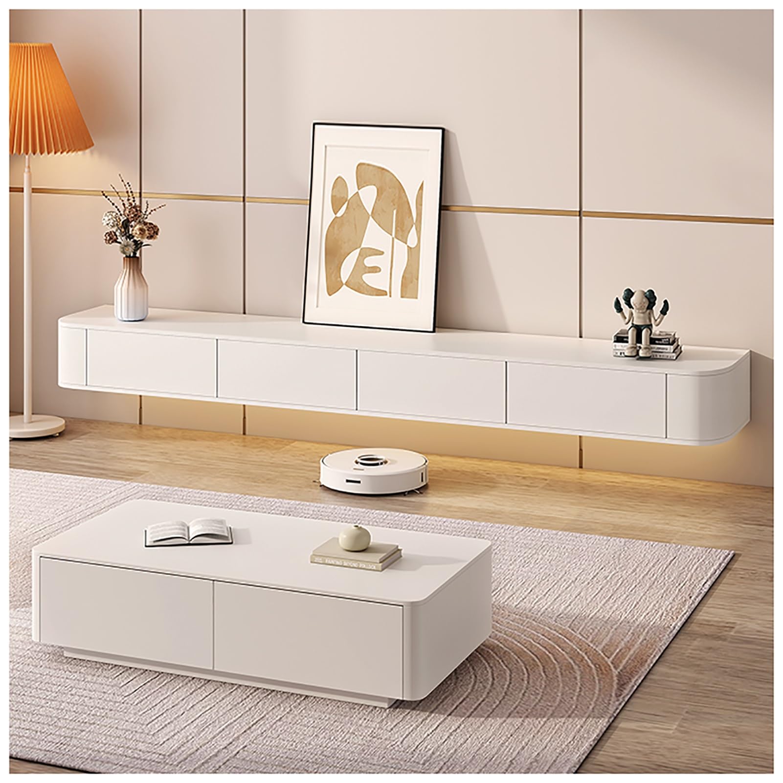 Meuble TV mural flottant blanc pour cacher les câbles et ranger le salon facilement