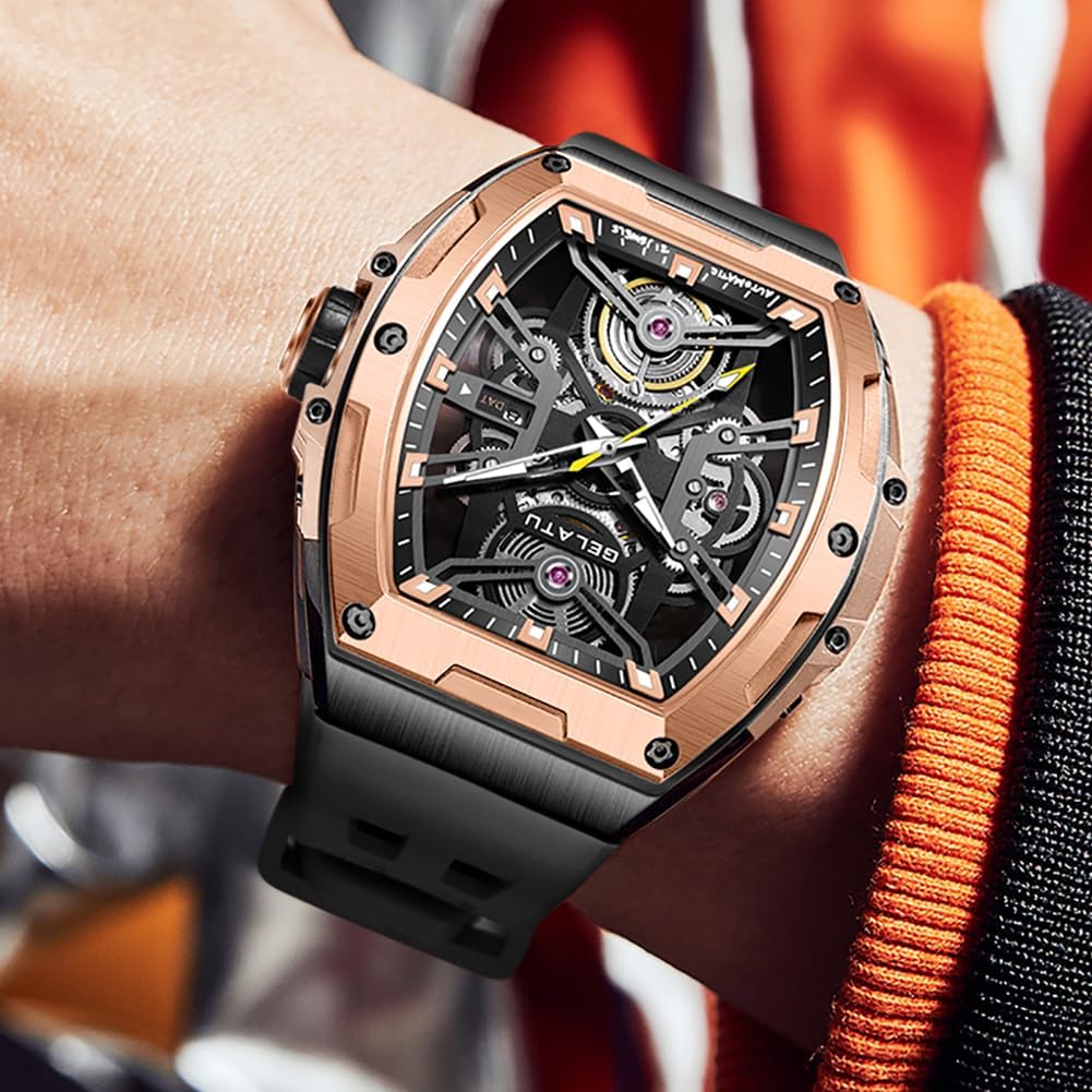 OLEVS Luxus-Uhren für Herren, schwarz, mechanische Armbanduhr, selbstaufziehend, automatische Tourbillon-Uhren, Skelett, wasserdicht, Herren-Armbanduhr