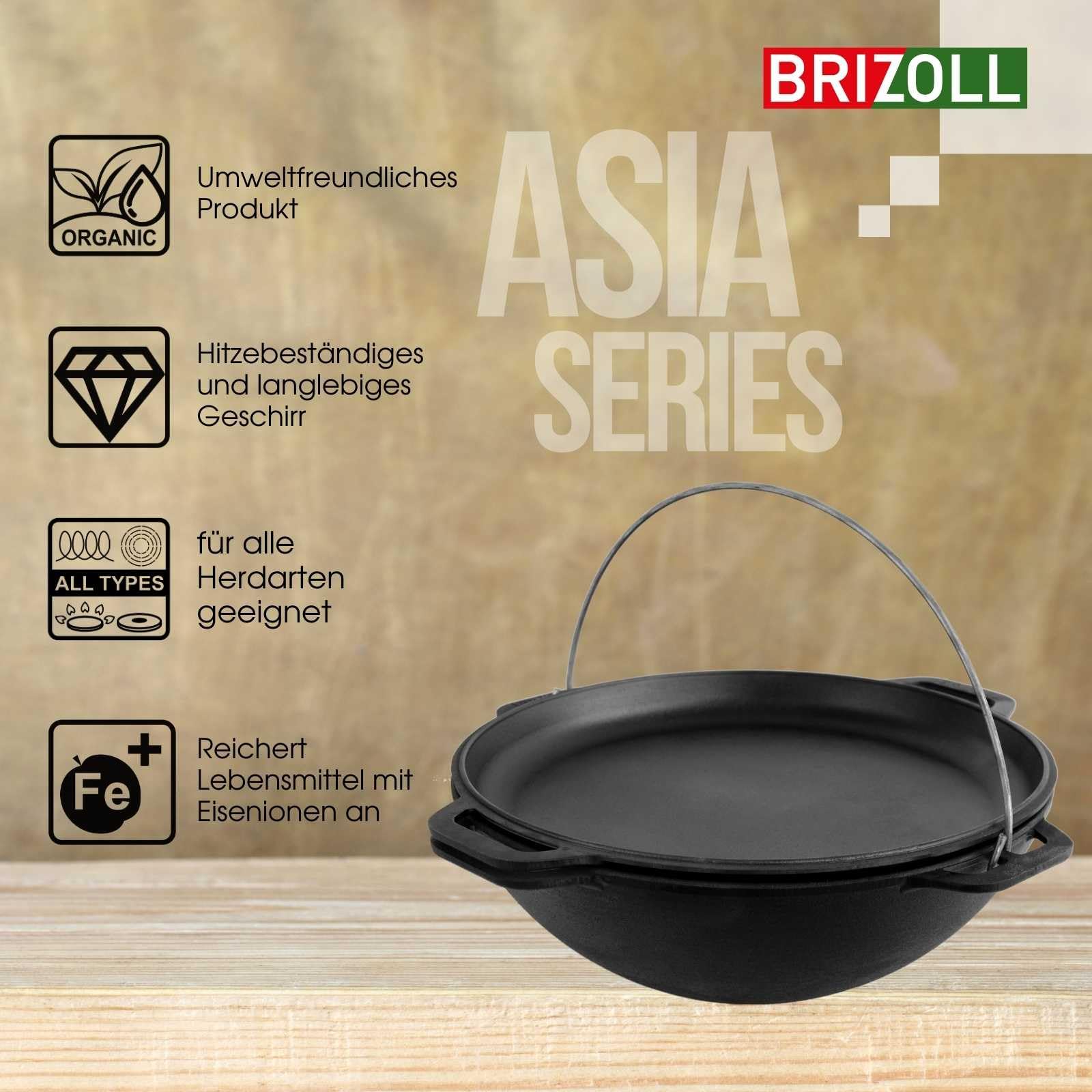 4BIG.fun 10L Gusseisen Schwenktopf Kazan Asia Kasan mit Deckel-Bratpfanne aus Gusseisen Grillwok Wokpfanne Grill Cast Iron Campingtopf Kessel Wok Traditioneller