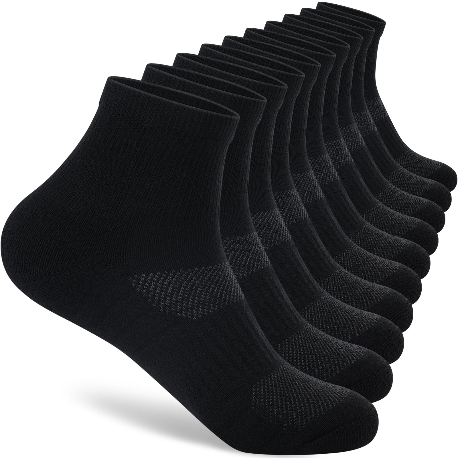 Monxiery Mens Cotton Cushioned Ankle Socks, Moisture Wicking Breathable Athletic Performance Running Quarter Socks, 5 Pairs Black, Medium-Large